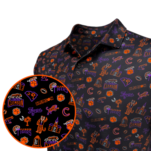 A black short-sleeve button-up shirt with an all-over Clemson Tigers themed print, featuring orange and purple logos, mascot graphics, and football motifs.
