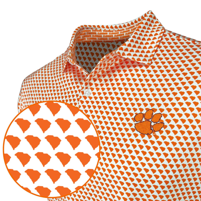 Orange and white patterned shirt with a close-up of the pattern and a paw print logo.