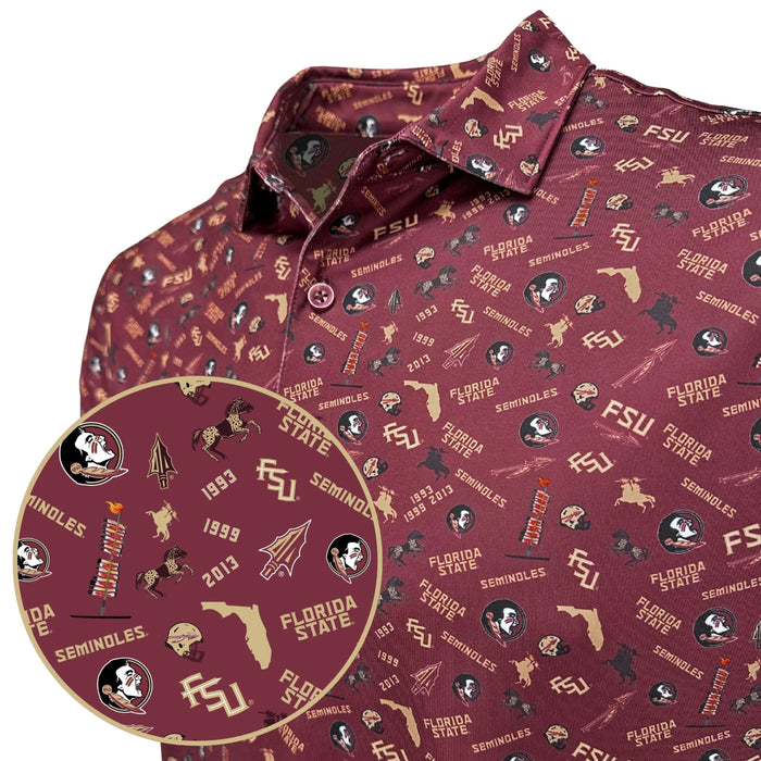 Maroon shirt with Florida State University logos and patterns on a white background