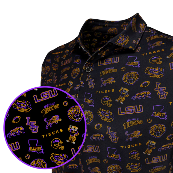 Dark shirt with LSU Tigers pattern on a white background