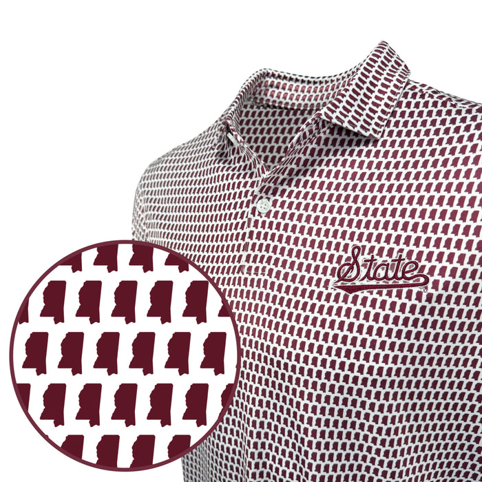 Maroon and white checkered shirt with 'State' text and Mississippi state outline pattern.