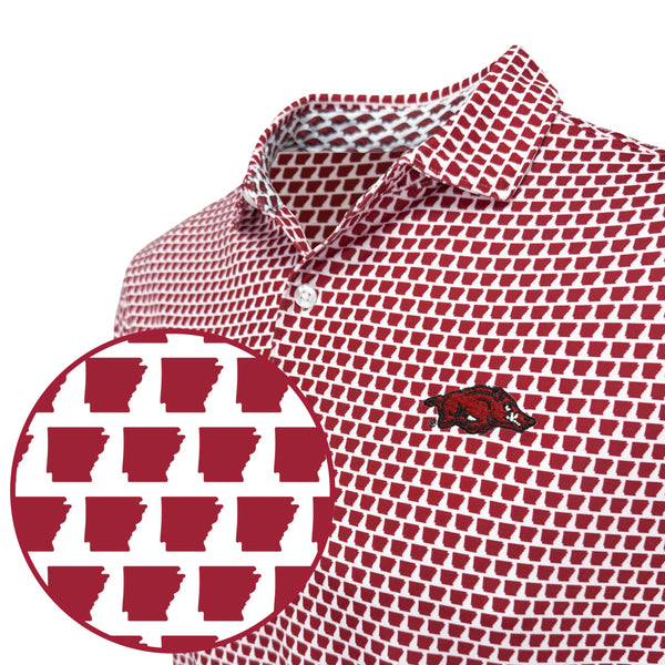 Red and white polo shirt with a logo.
