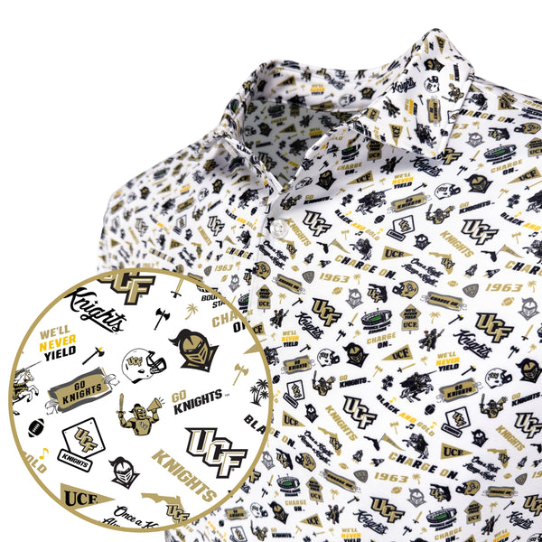 White shirt with black and gold UCF Knights pattern on a white background