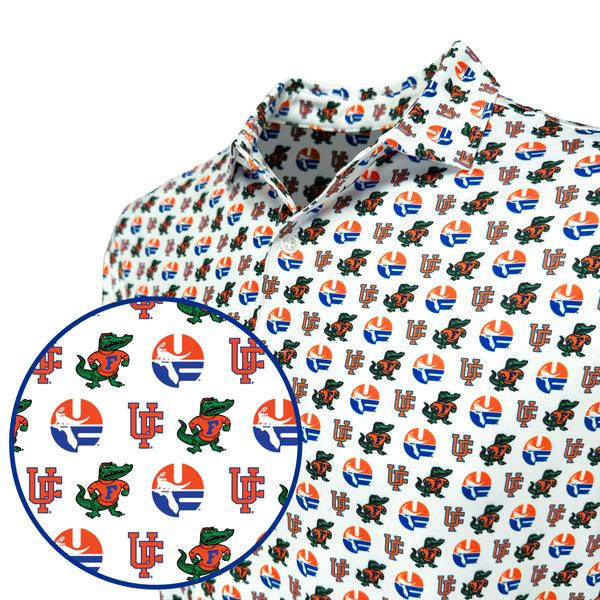 Patterned fabric with logos and characters on a white background