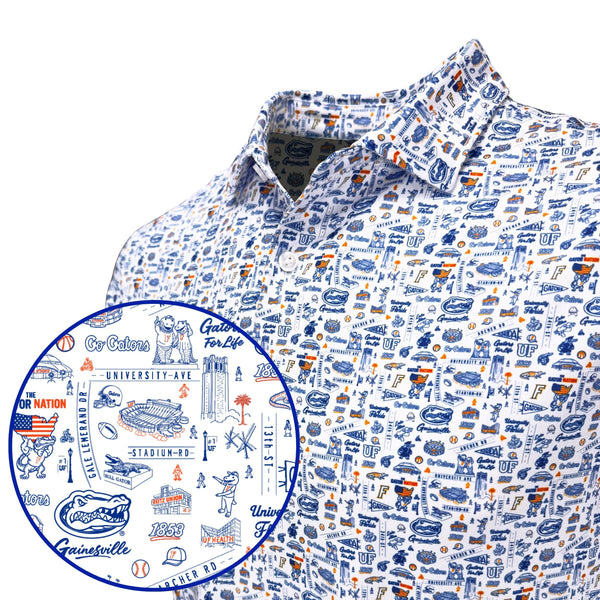 Patterned shirt with a close-up of a logo on a white background