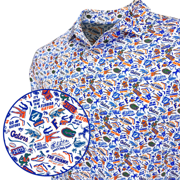 Colorful patterned shirt with a close-up of a logo on a white background