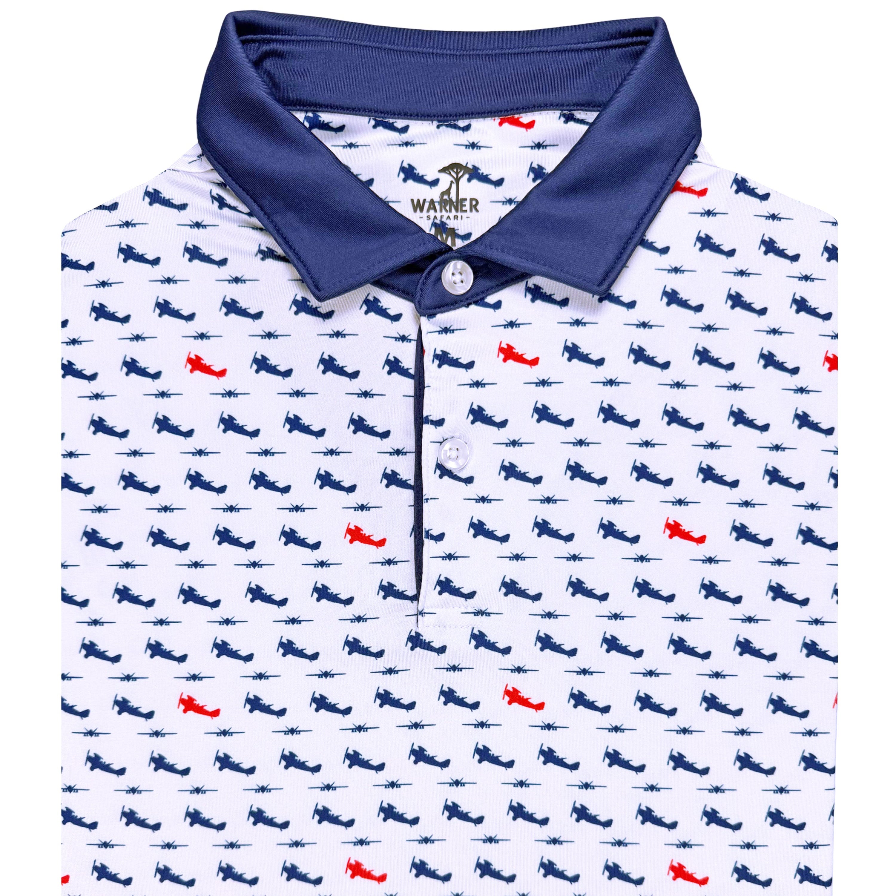 Polo shirt with airplane pattern on a white background