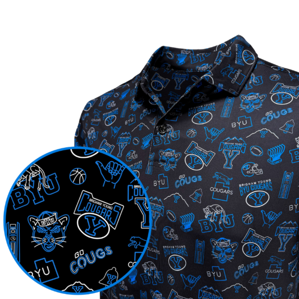 A dark navy blue button-up shirt with a blue and white all-over print featuring the BYU Cougars logo