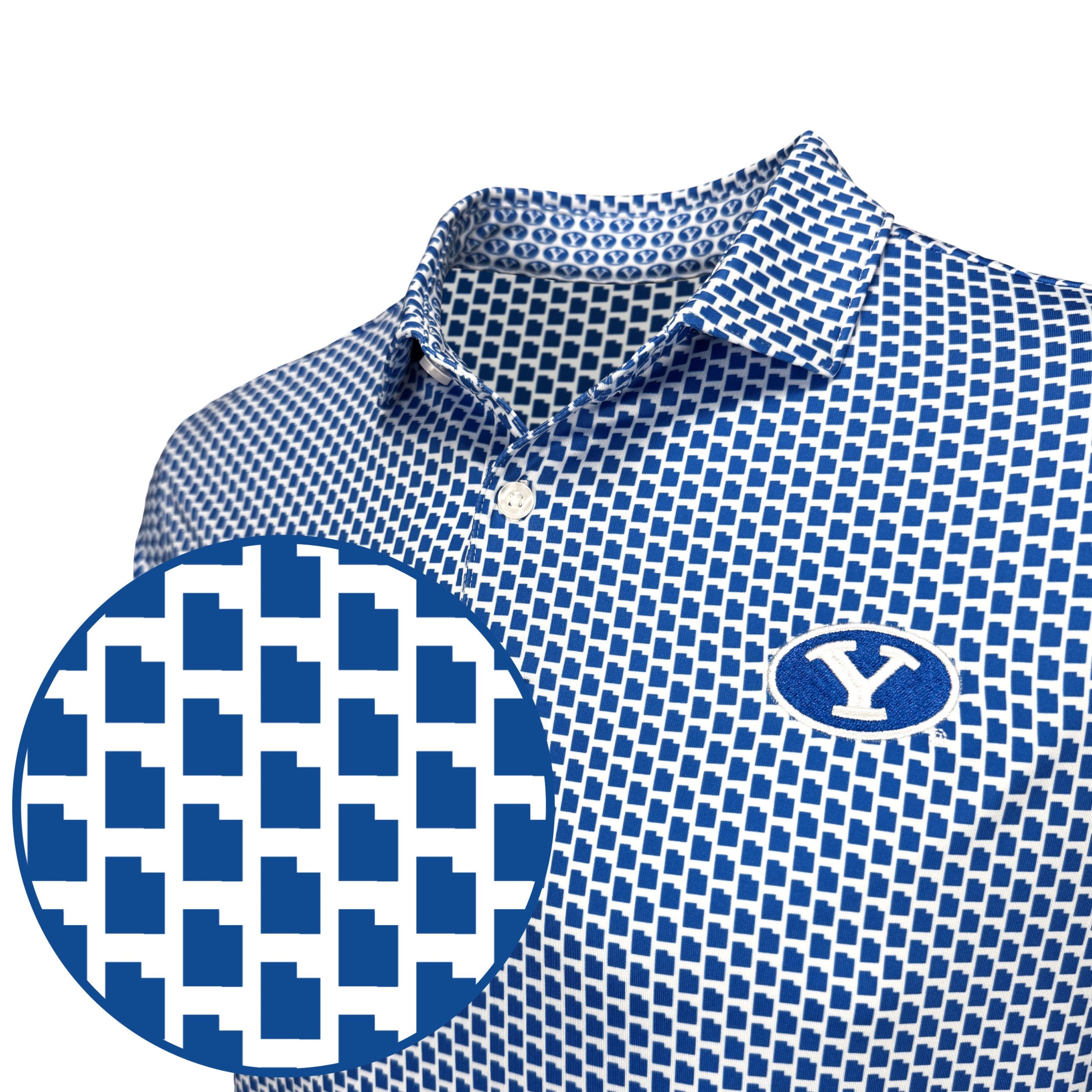 Blue and white patterned polo shirt with a circular inset showing the detailed geometric print, and a blue oval logo on the chest.