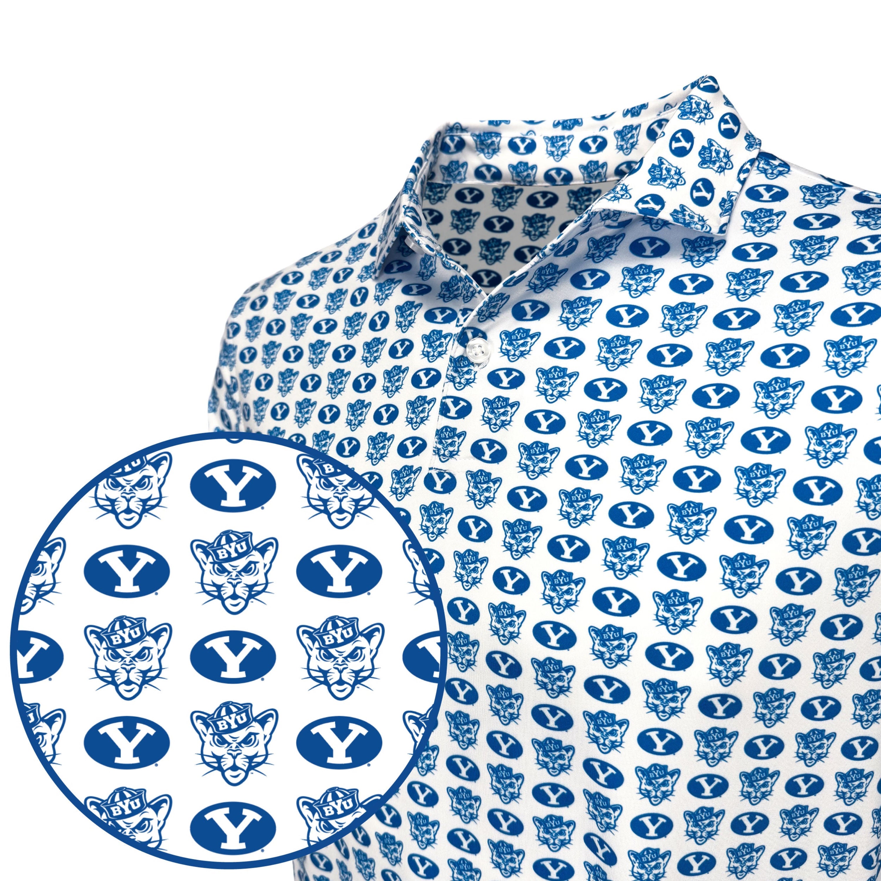 White shirt with blue and red pattern on a white background