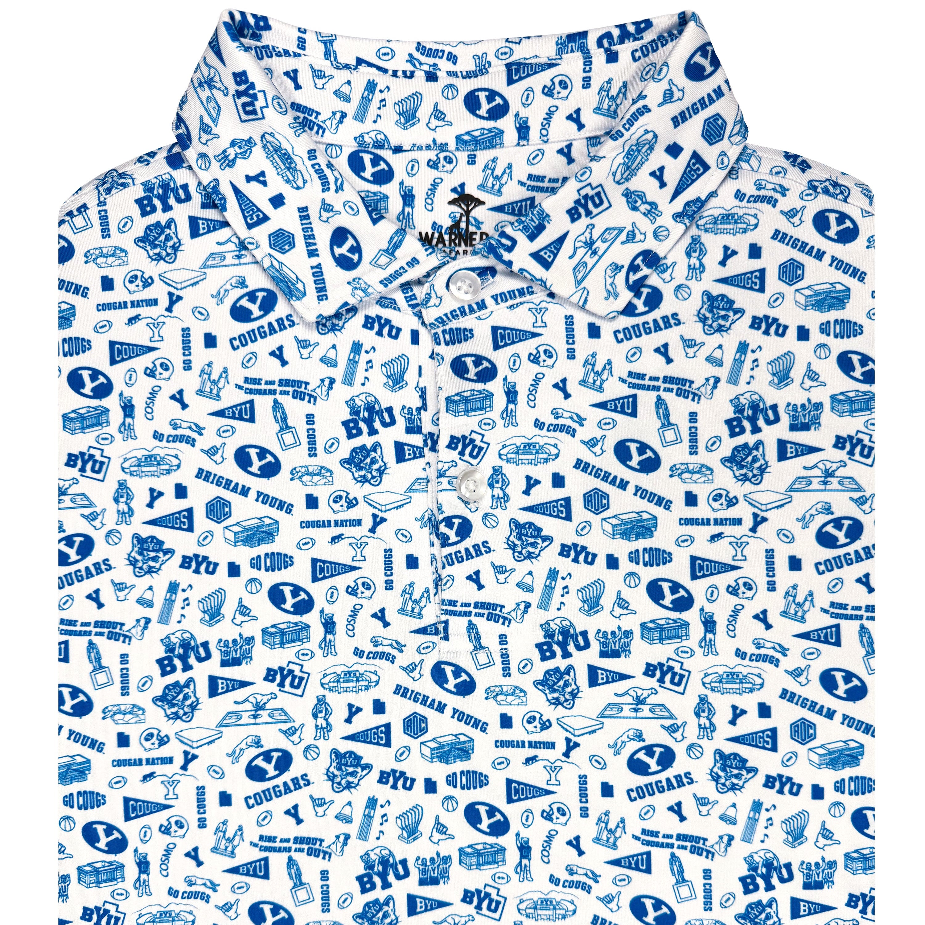 White shirt with blue graphic pattern on a white background
