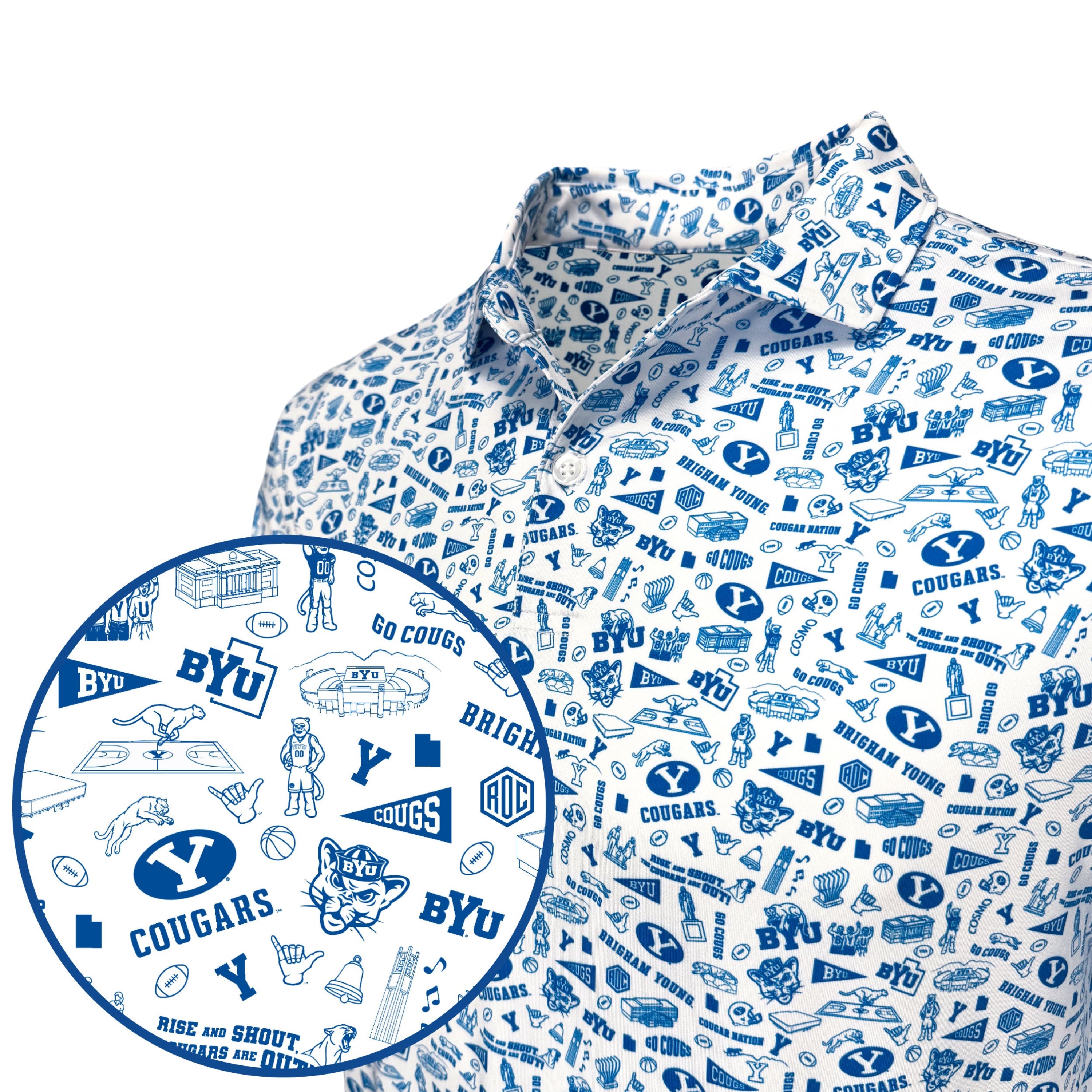 White shirt with blue BYU-themed pattern on a white background