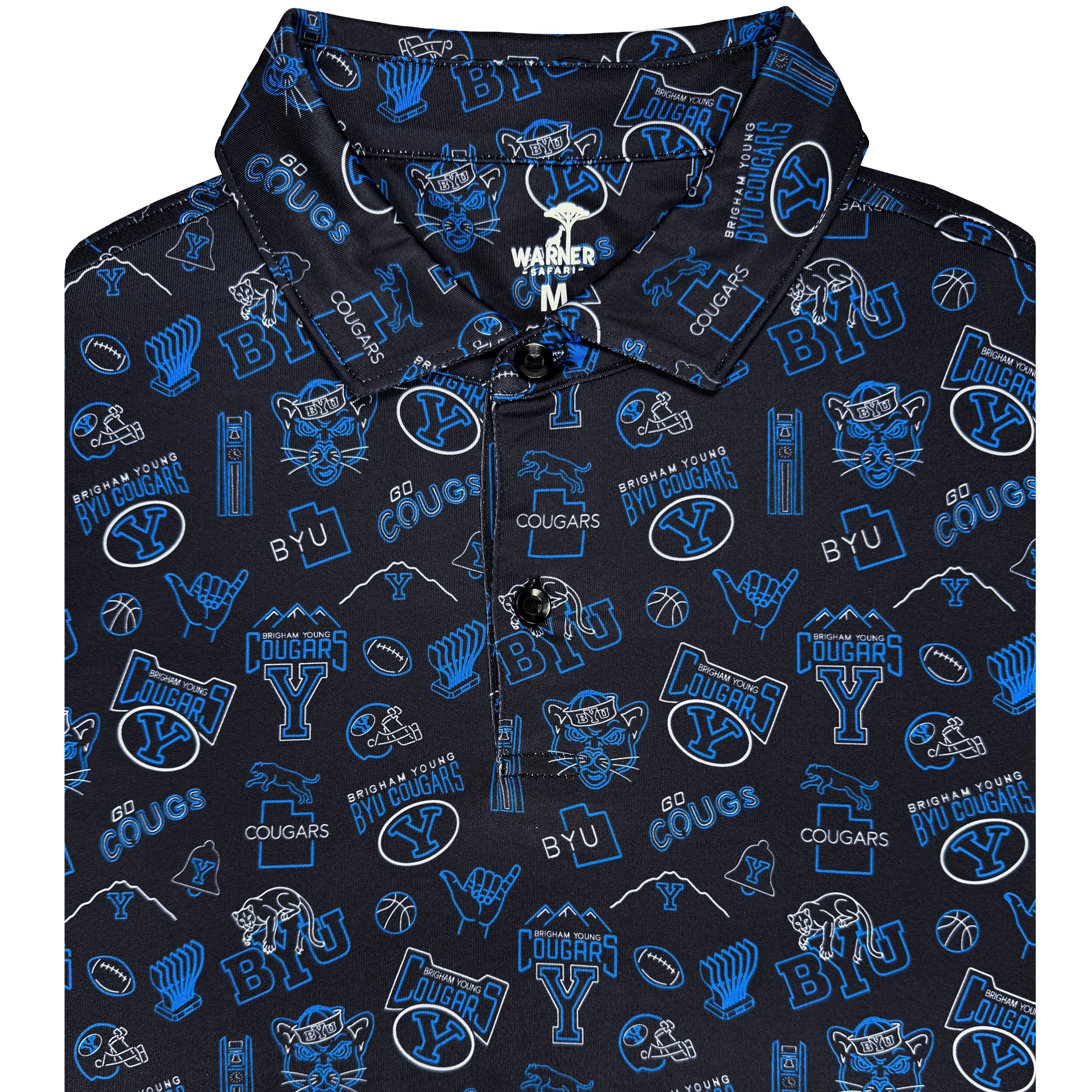 Black shirt with blue and white graphics and text on a white background