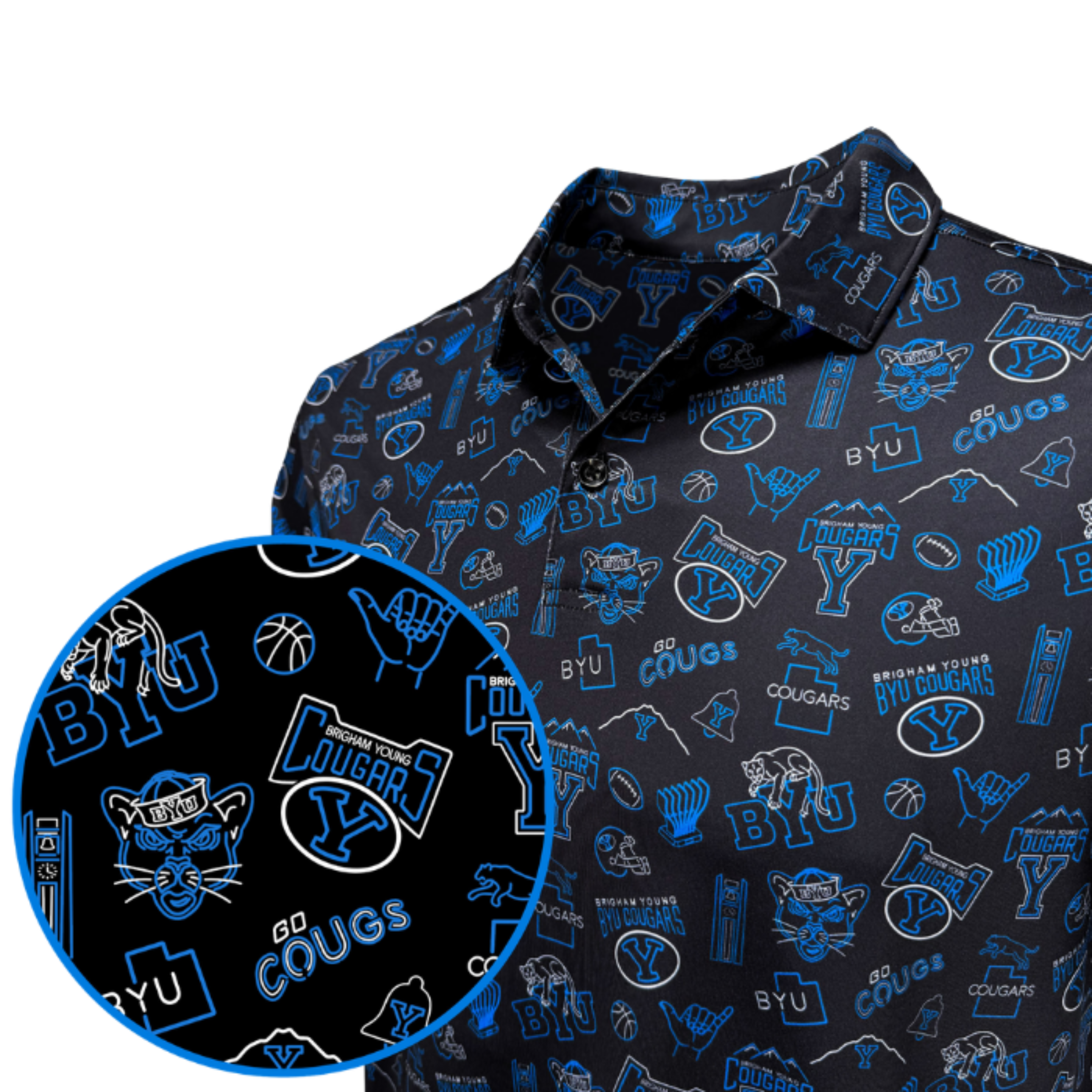 A dark navy blue button-up shirt with a blue and white all-over print featuring the BYU Cougars logo