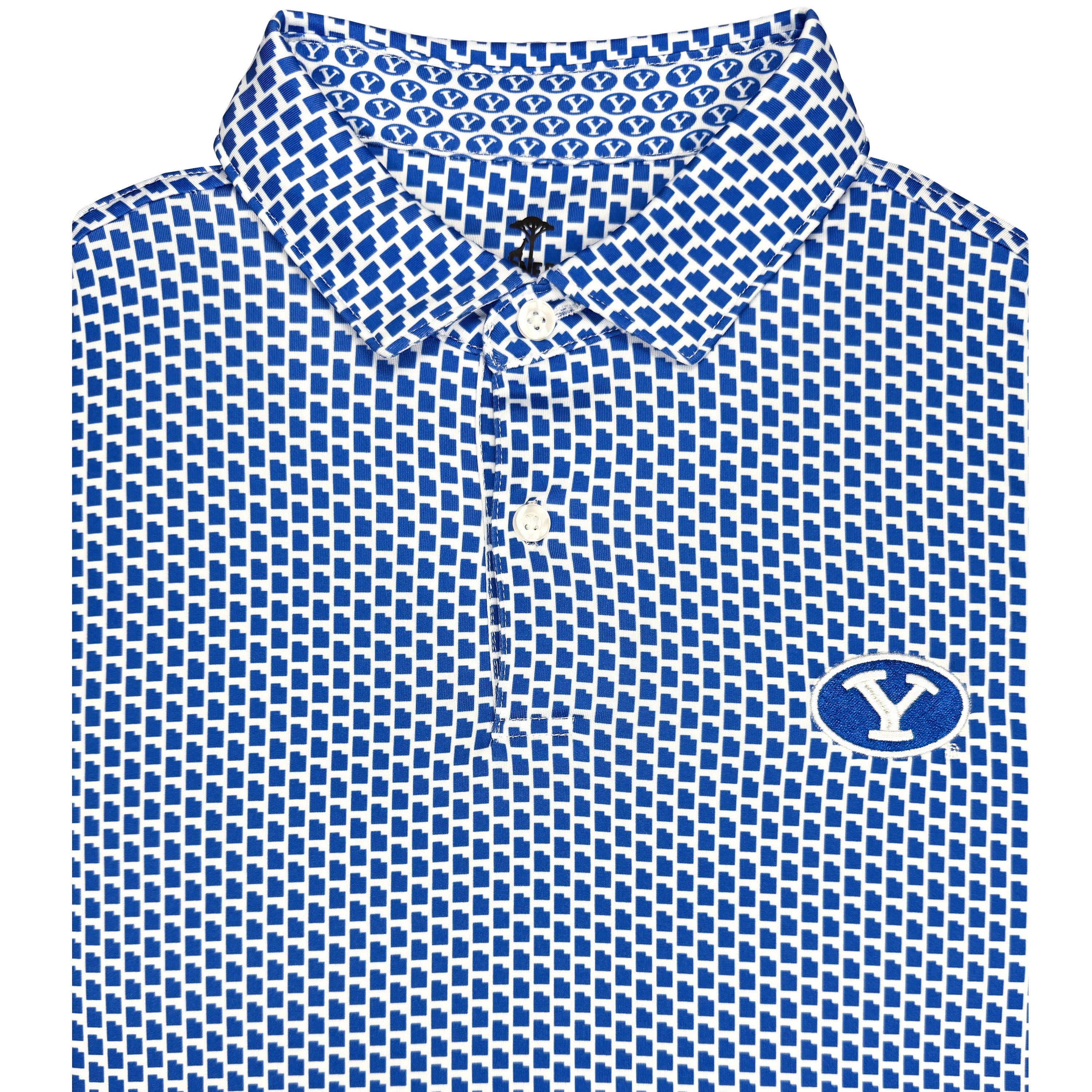 A folded blue and white patterned polo shirt with a blue and white 'Y' logo on the left chest, displayed on a clean white background.