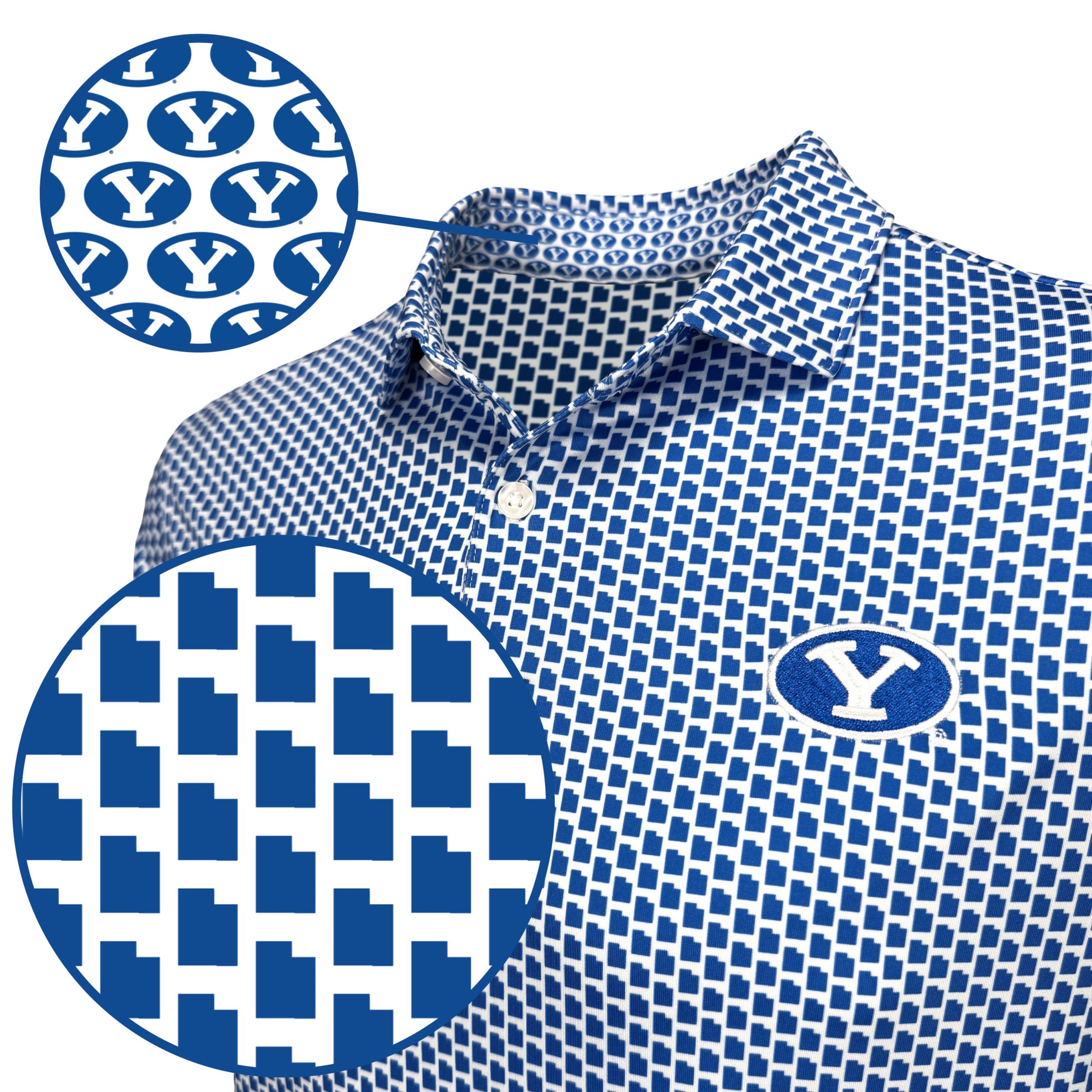 Blue and white patterned polo shirt with a visible circular logo on the chest.