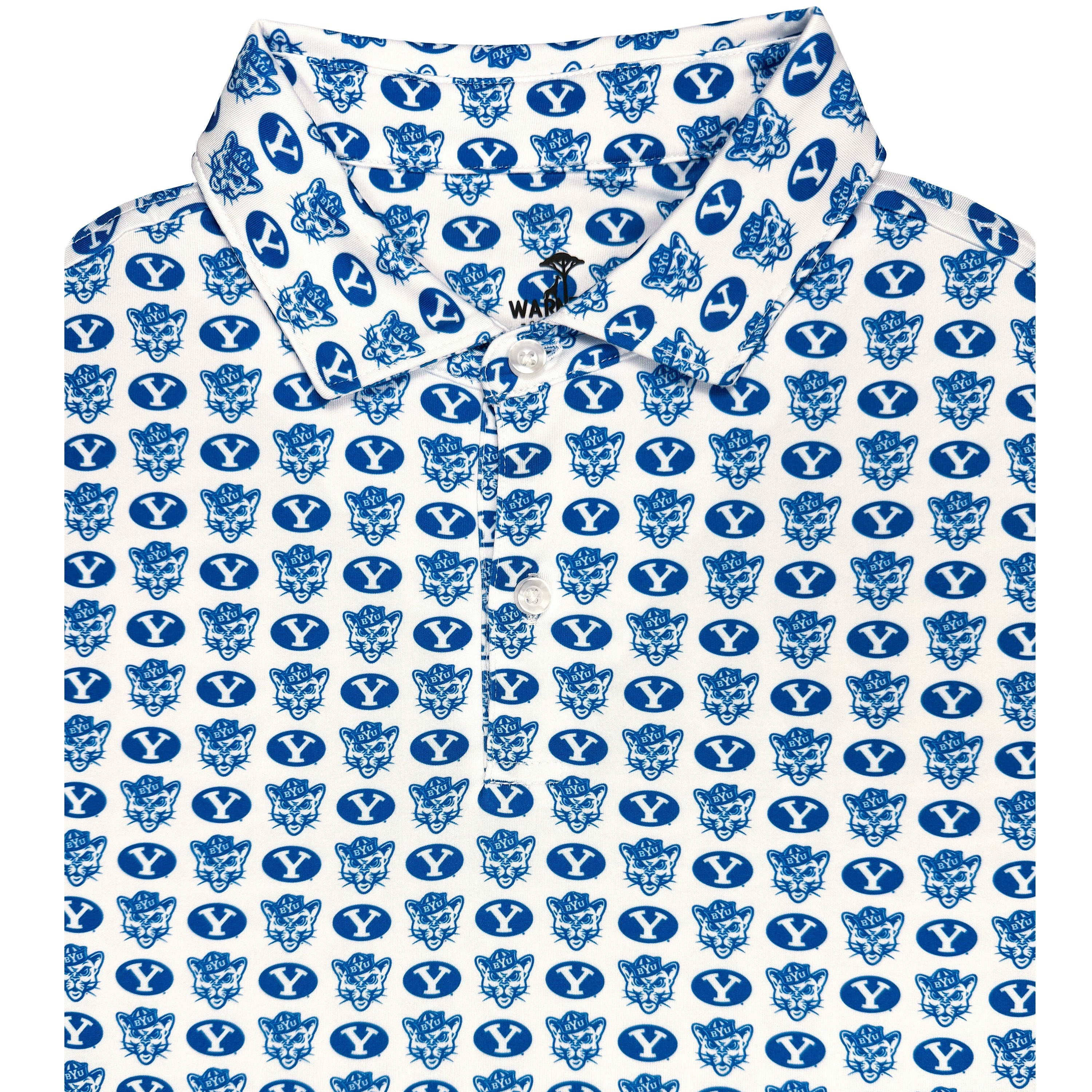 Hoodie with blue and white pattern featuring a logo on a white background