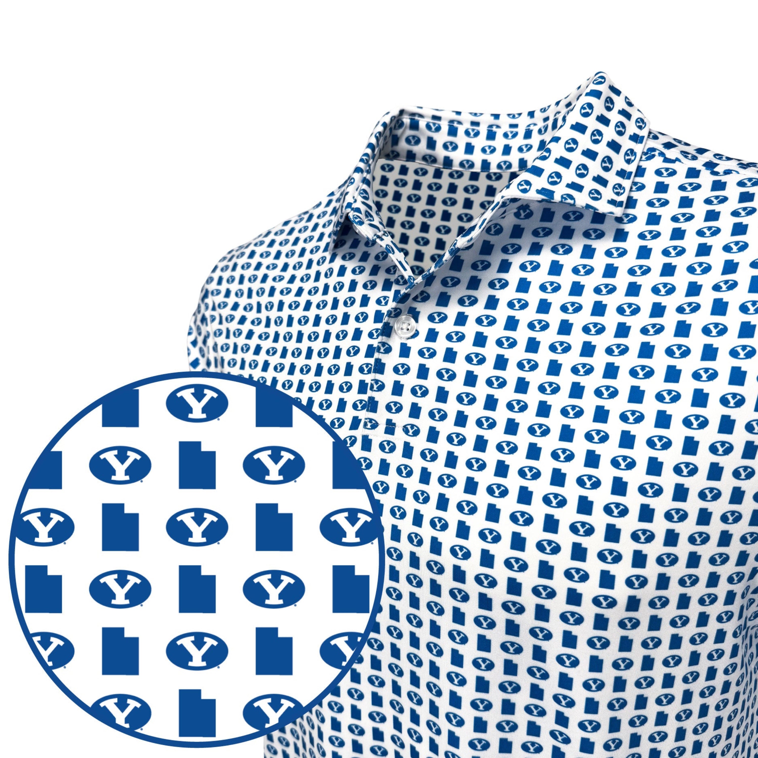 Blue and white patterned shirt with close-up of pattern on a white background