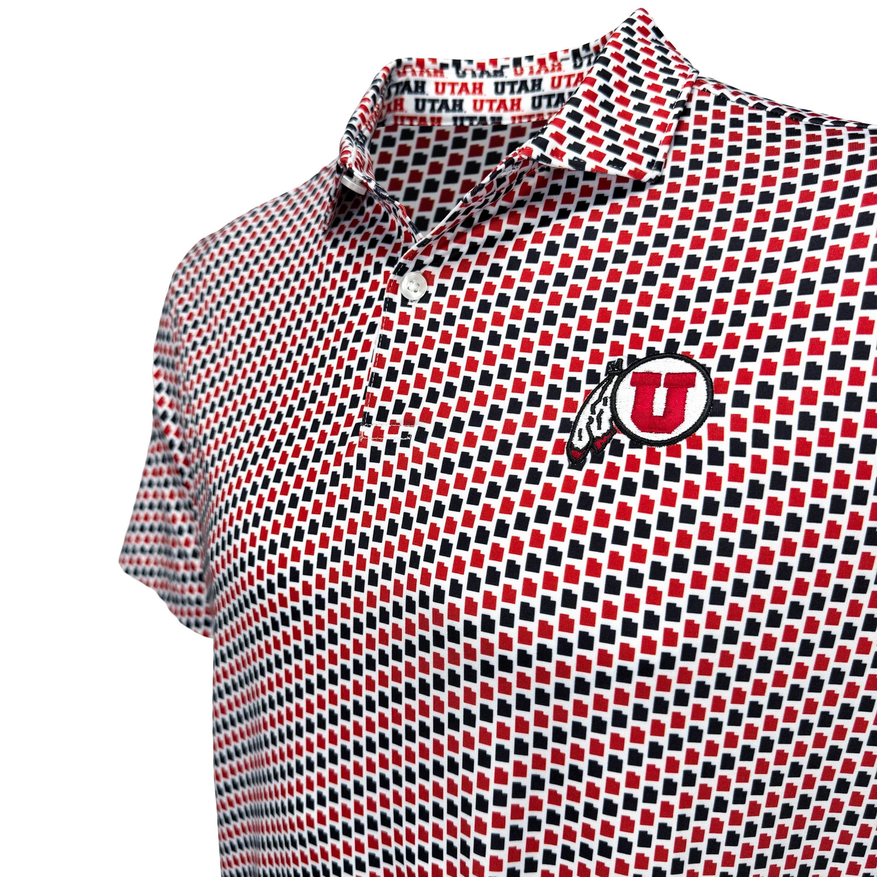 A short-sleeve polo shirt with a red, black, and white geometric pattern, featuring a Utah U logo on the left chest.