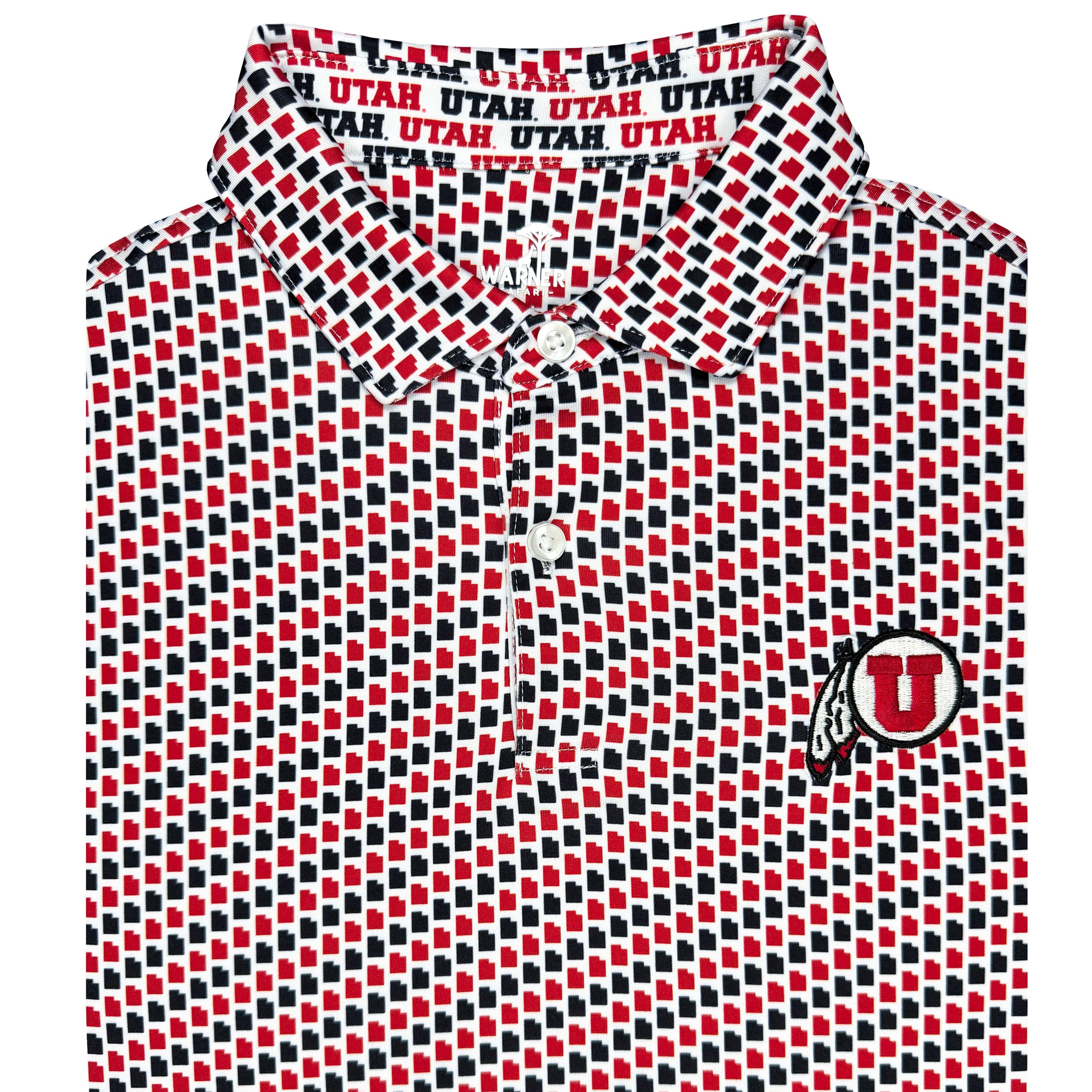 A folded short-sleeve polo shirt with a repeating red, black, and white geometric pattern and a Utah U logo on the chest.