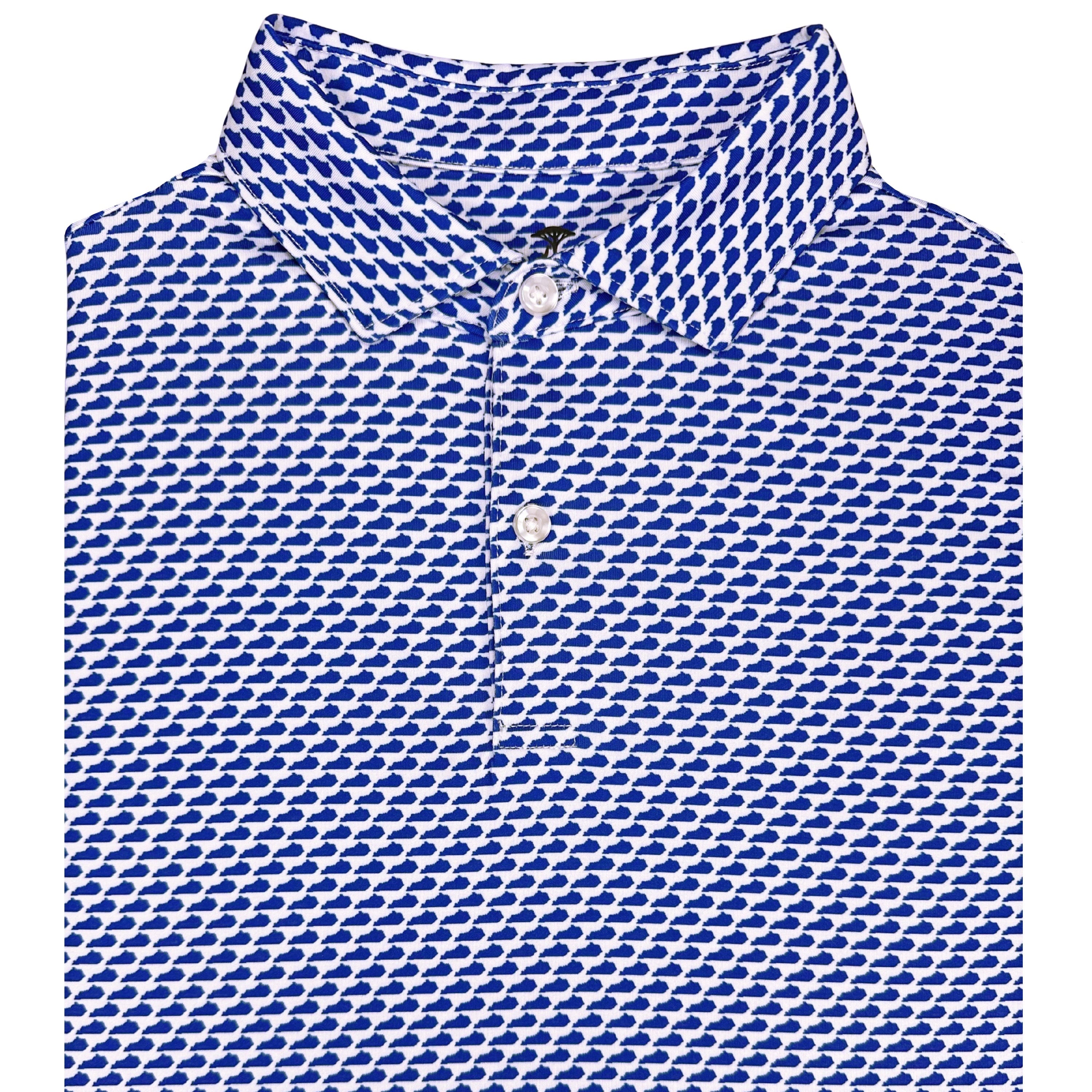 Blue patterned polo shirt on a white background