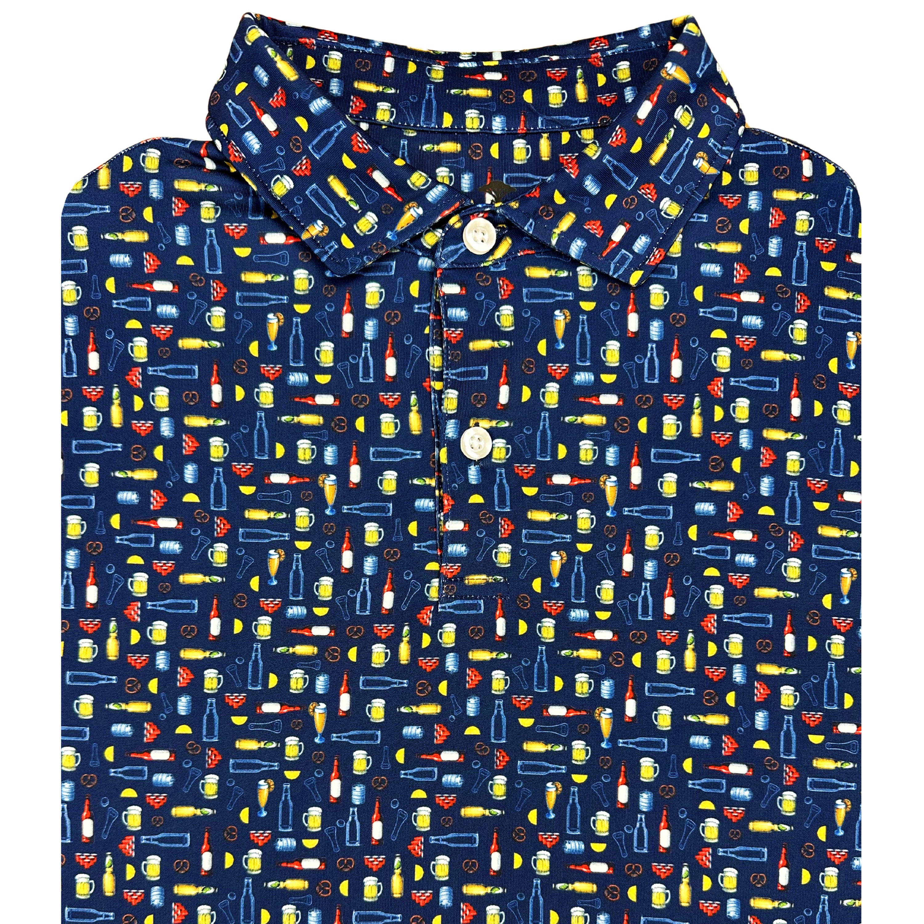 A men's polo shirt with a colorful beer bottle pattern on a dark background.