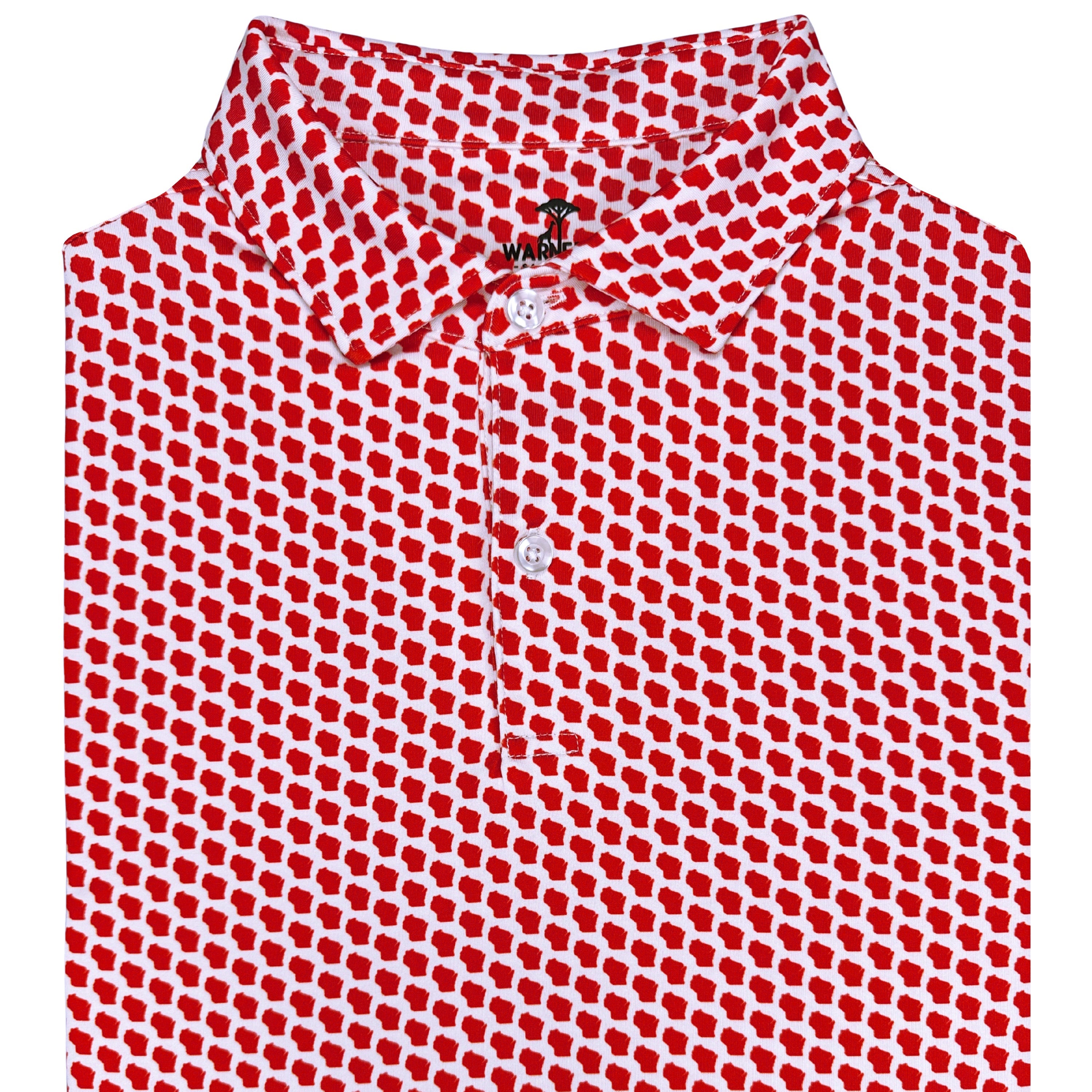 Folded red and white patterned shirt on a white background