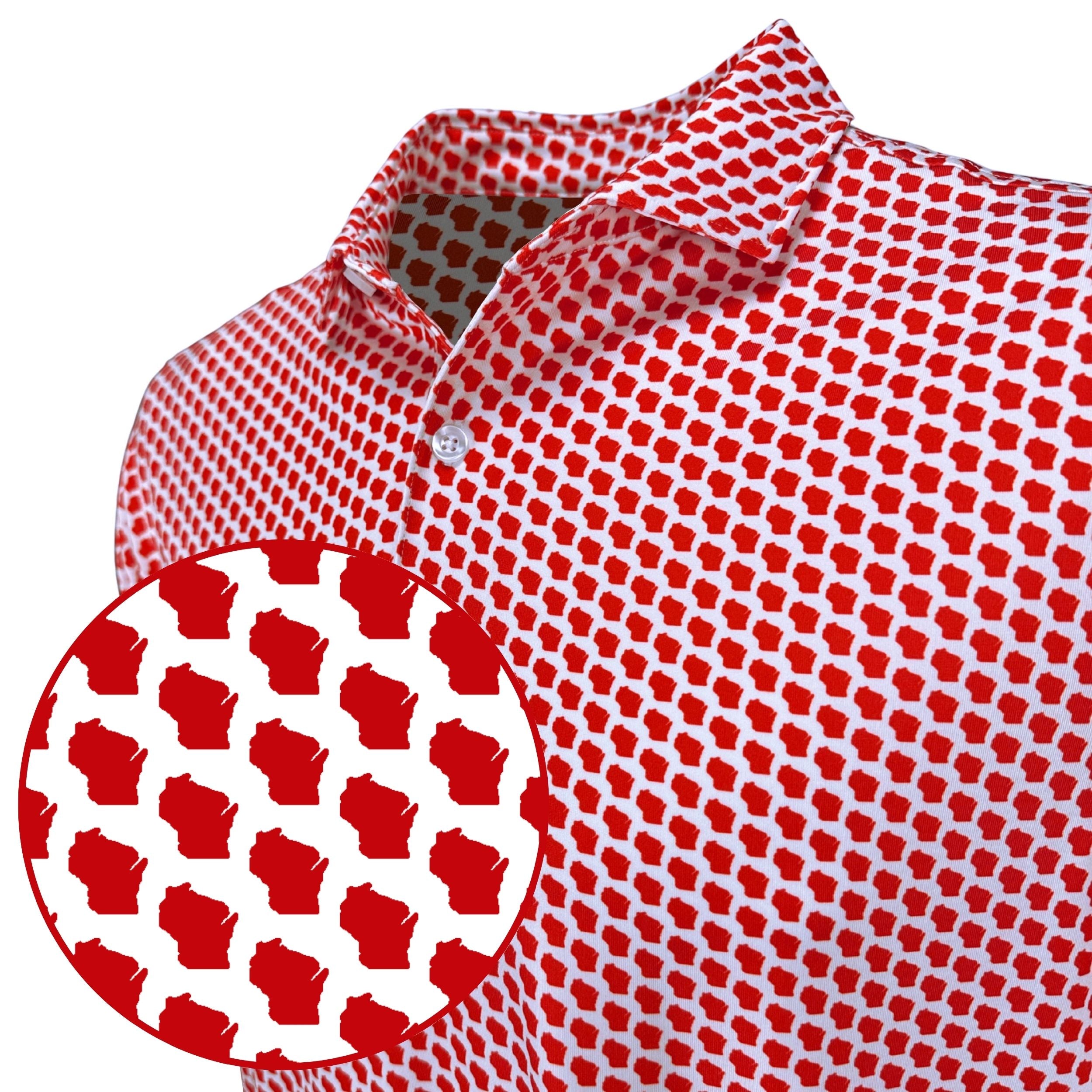 Red and white patterned shirt with close-up of pattern on a white background