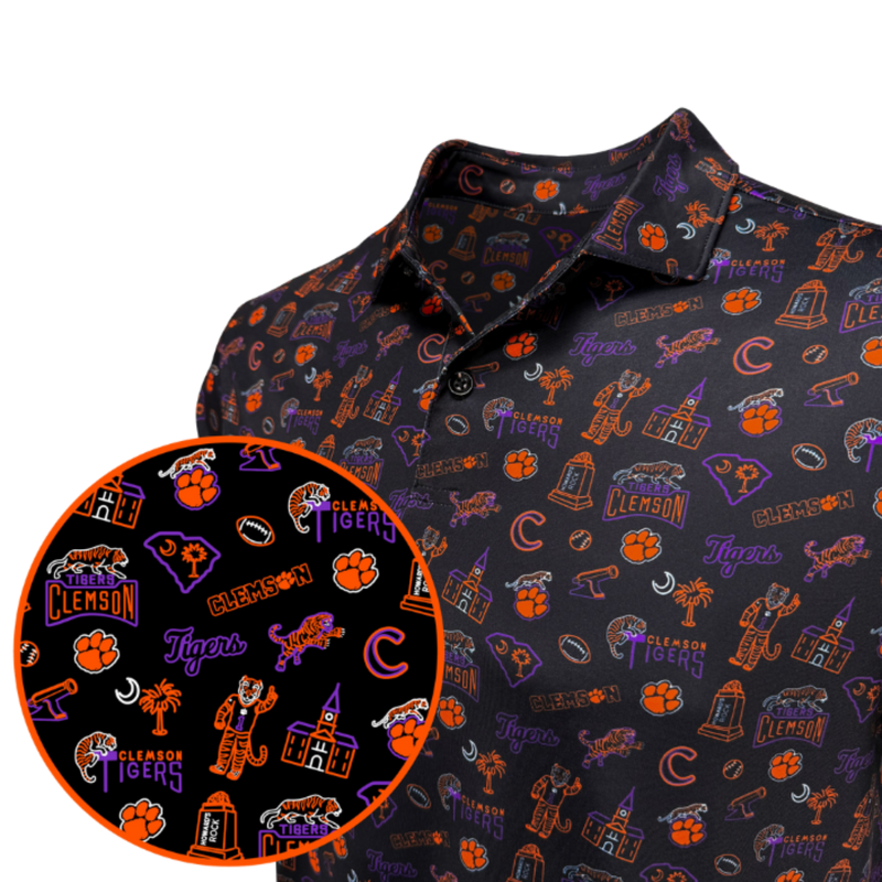 A black short-sleeve button-up shirt with an all-over Clemson Tigers themed print, featuring orange and purple logos, mascot graphics, and football motifs.
