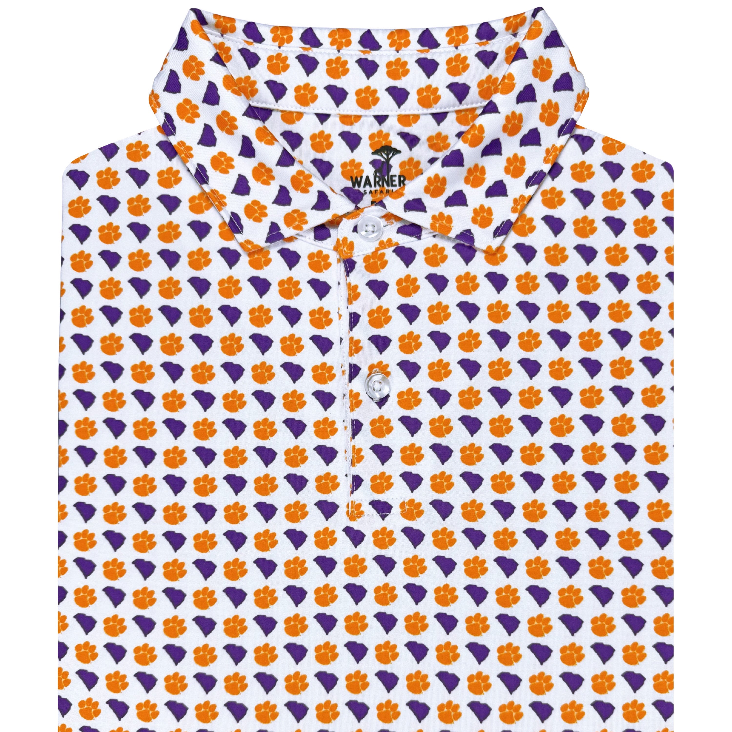 Polo with Clemson University logo pattern on a white background