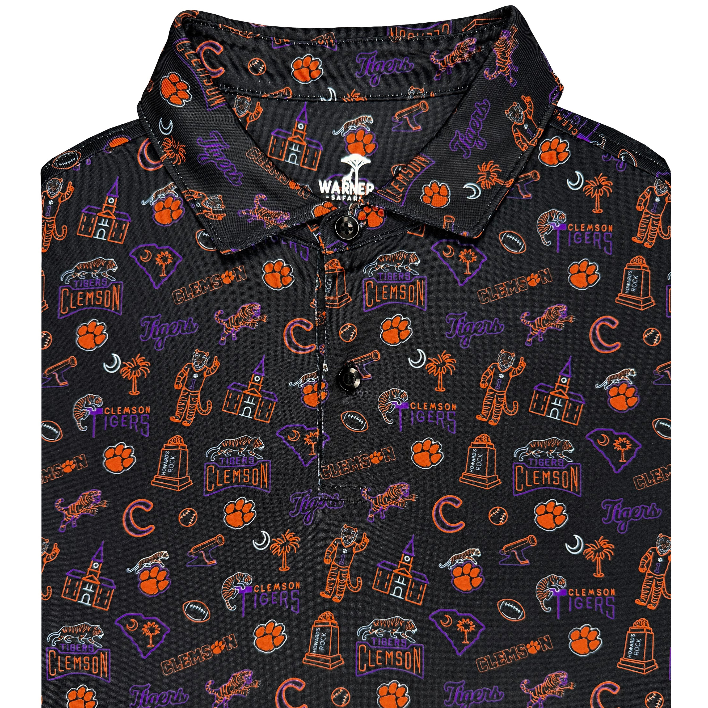 Clemson Tigers patterned polo shirt on a black background