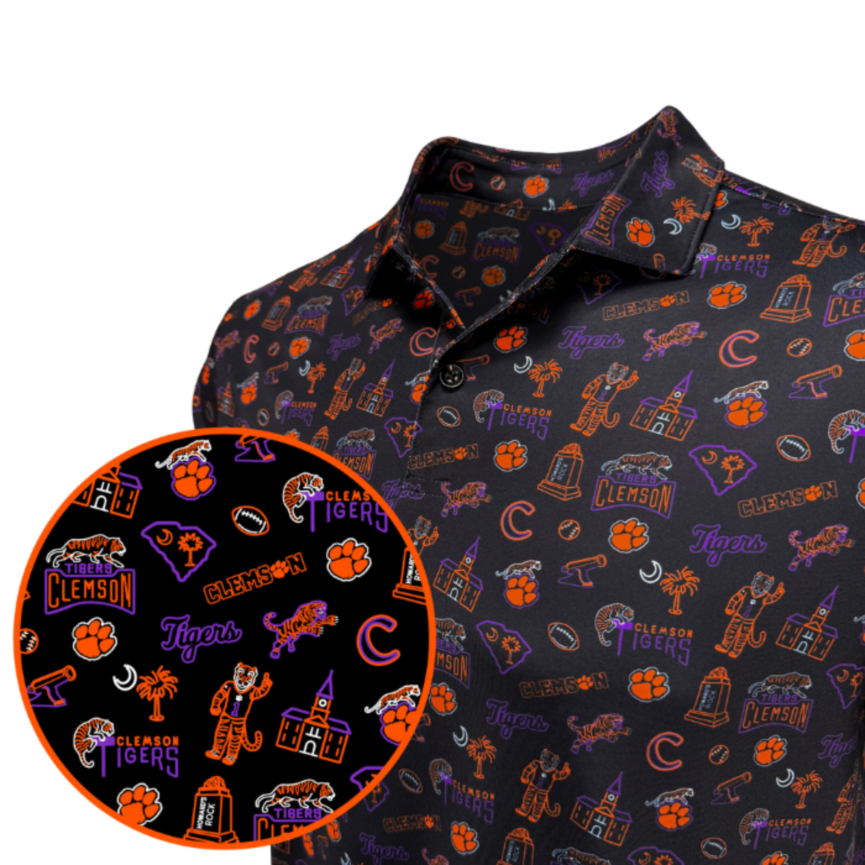 A black short-sleeve button-up shirt with an all-over Clemson Tigers themed print, featuring orange and purple logos, mascot graphics, and football motifs.
