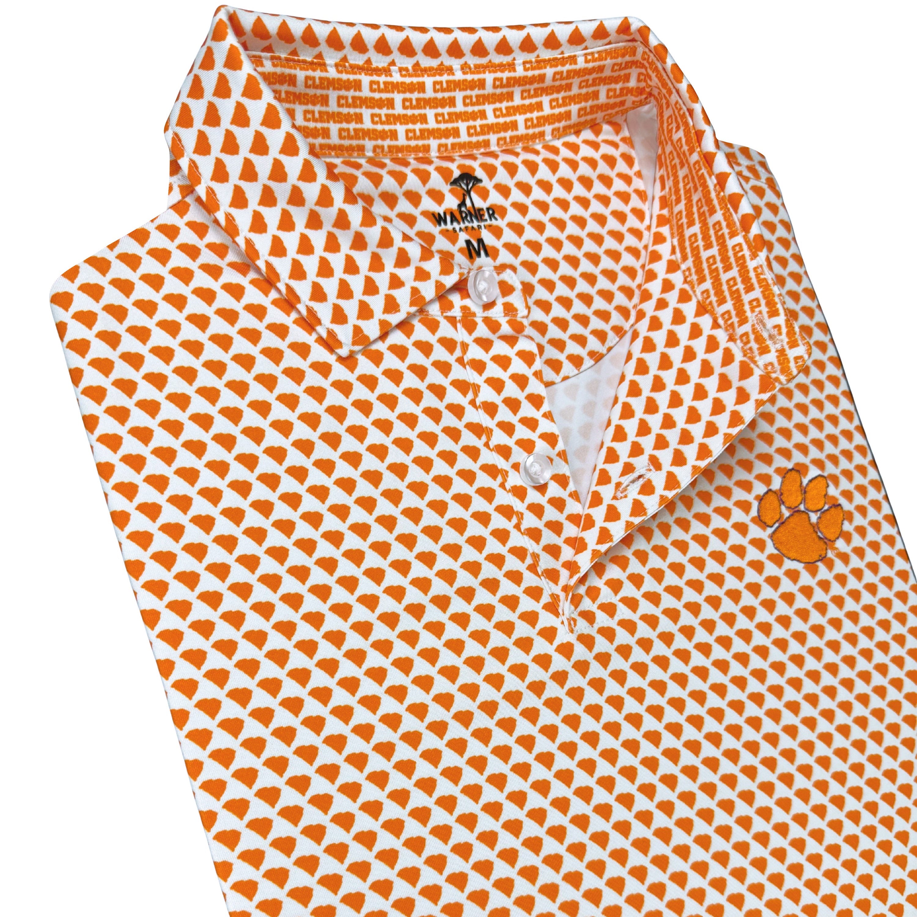 Orange and white patterned shirt with a logo on a white background