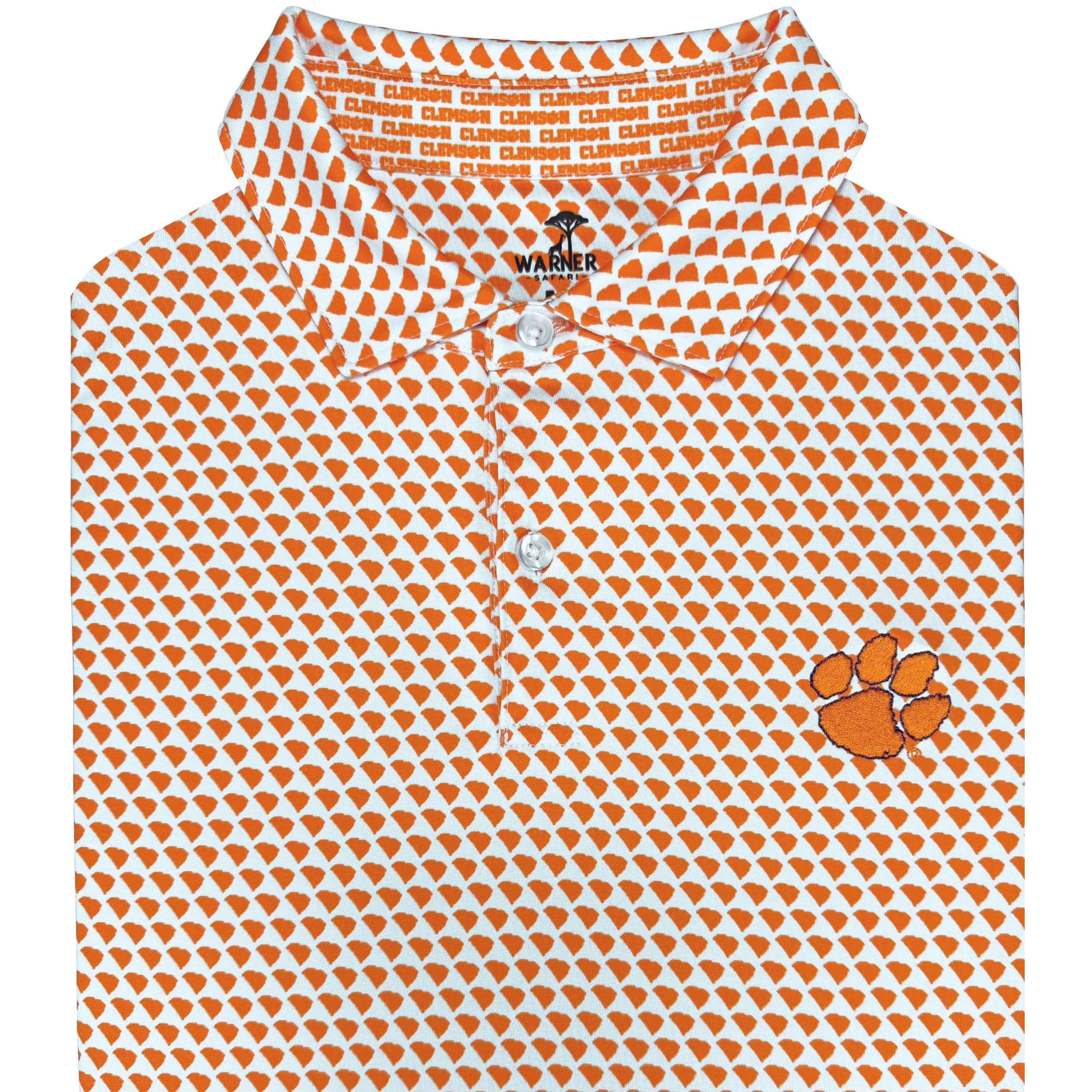 Orange and white patterned shirt with a logo on a white background