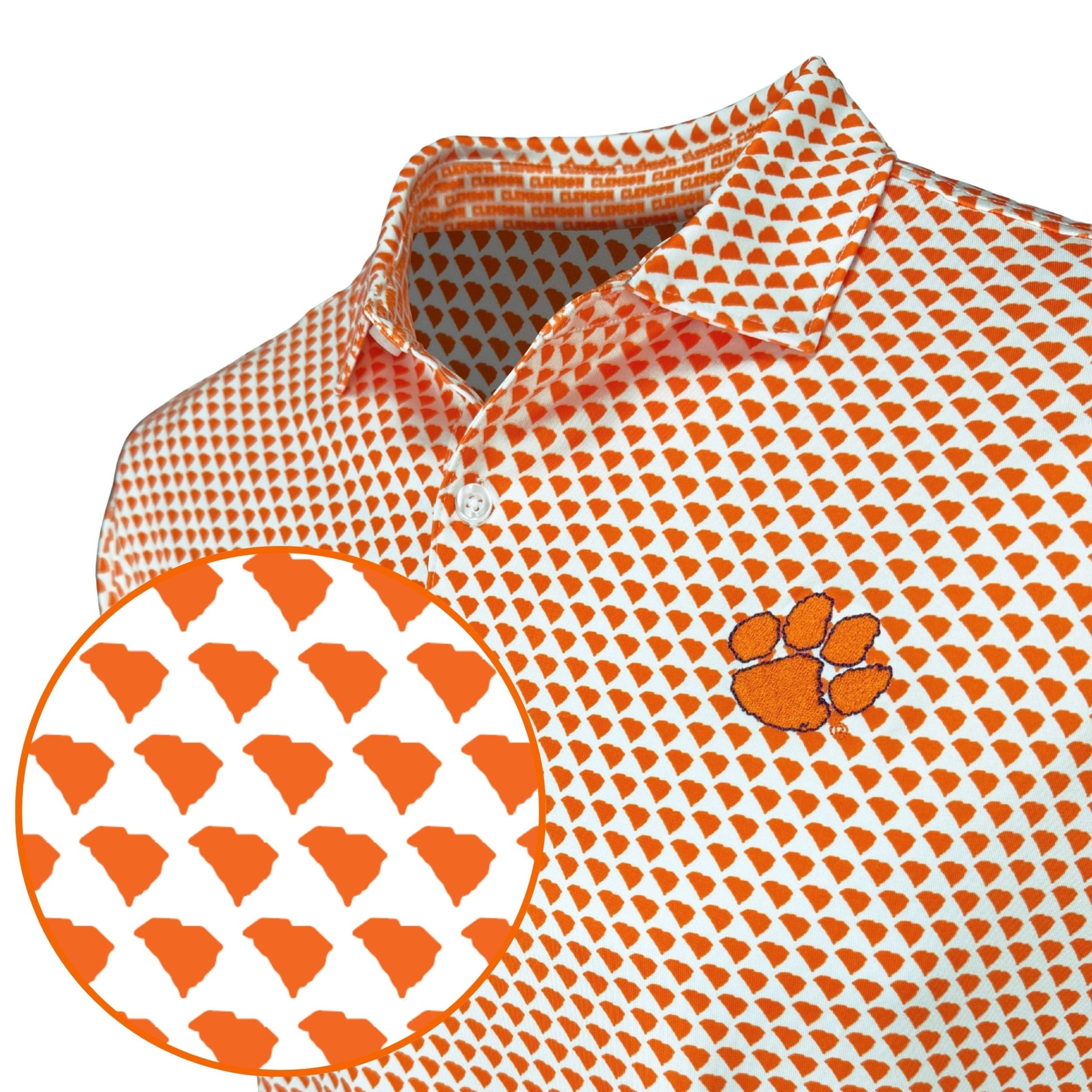 Orange and white patterned shirt with a close-up of the pattern and a paw print logo.