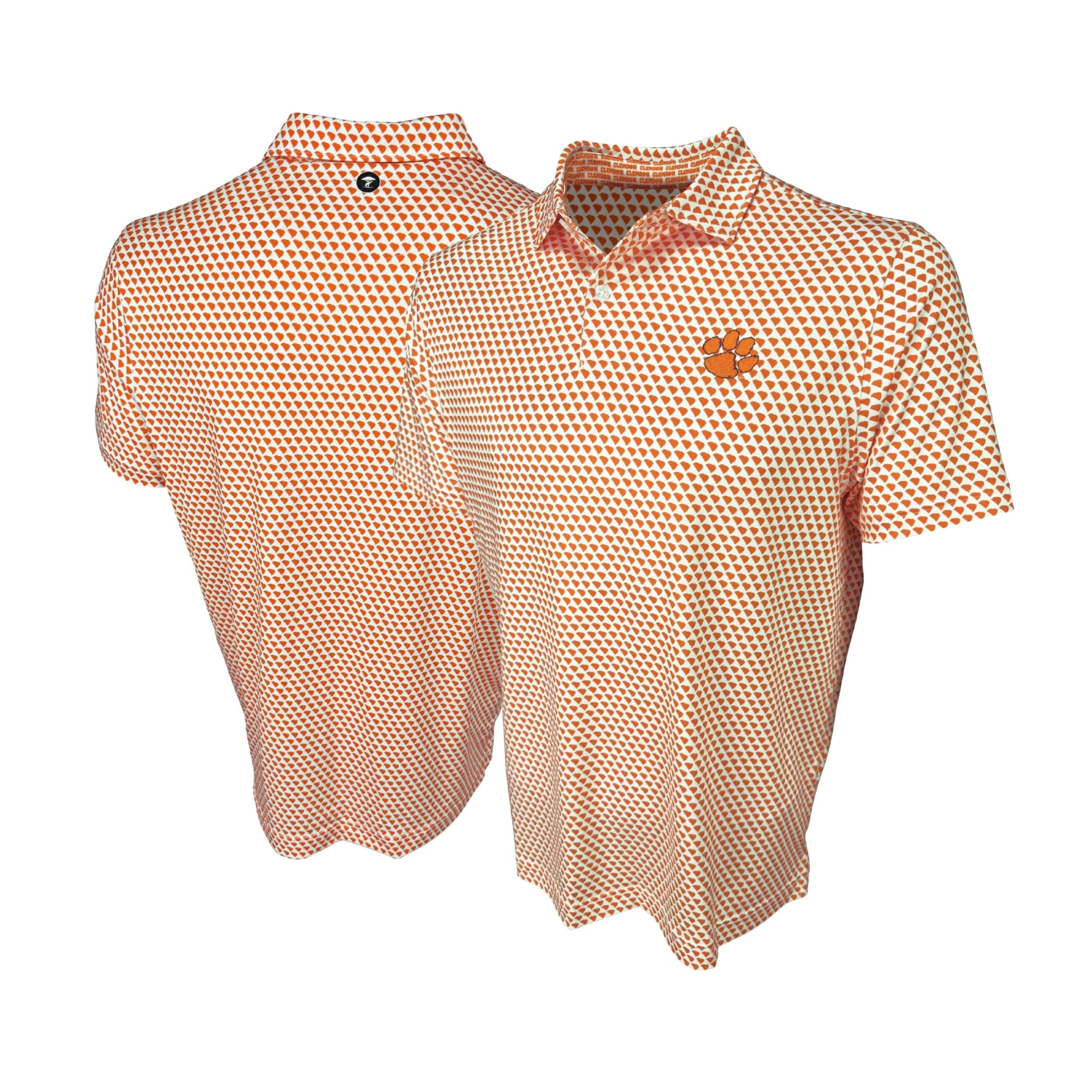 Two orange and white checkered polo shirts with a logo on a white background