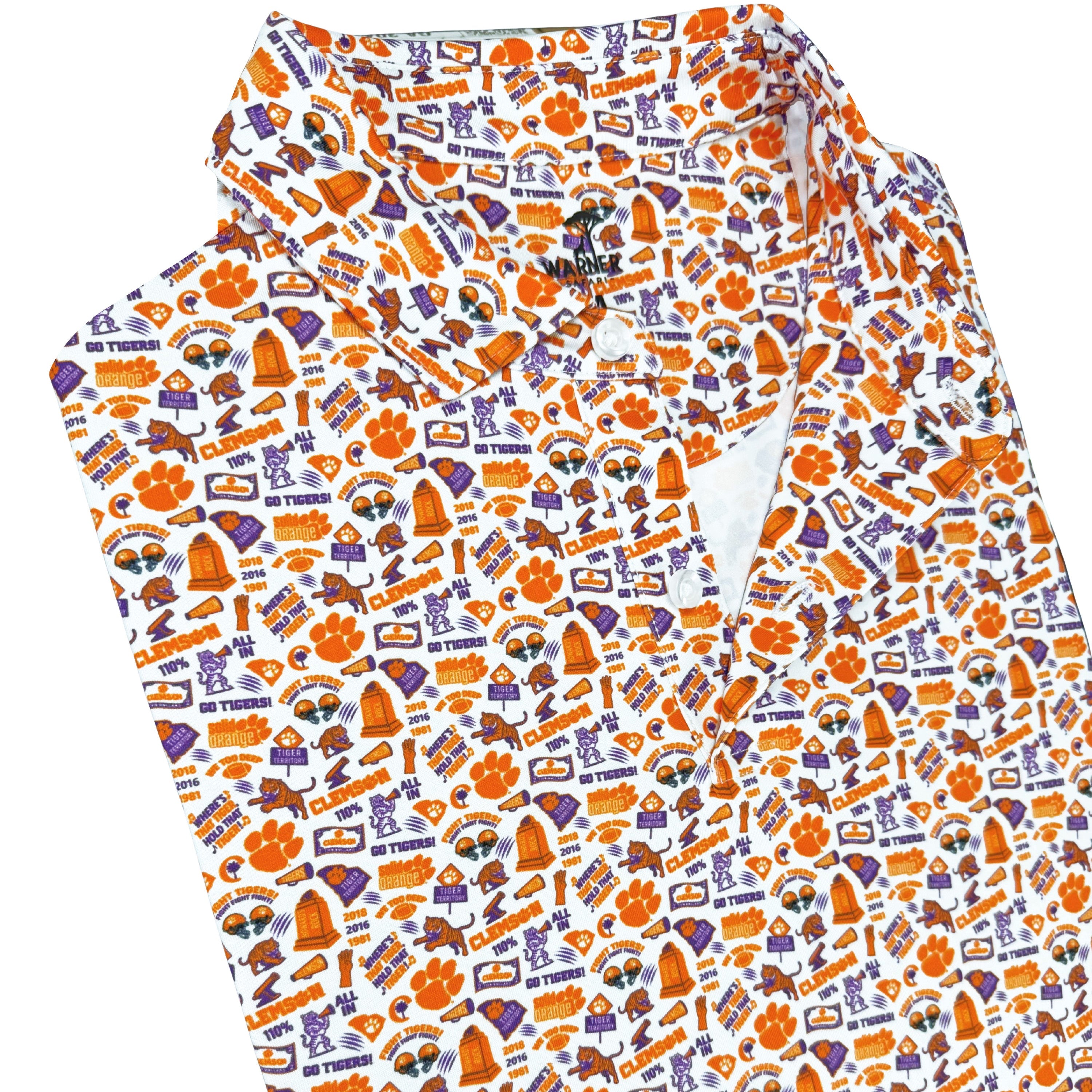 Patterned fabric with orange and purple design on a white background