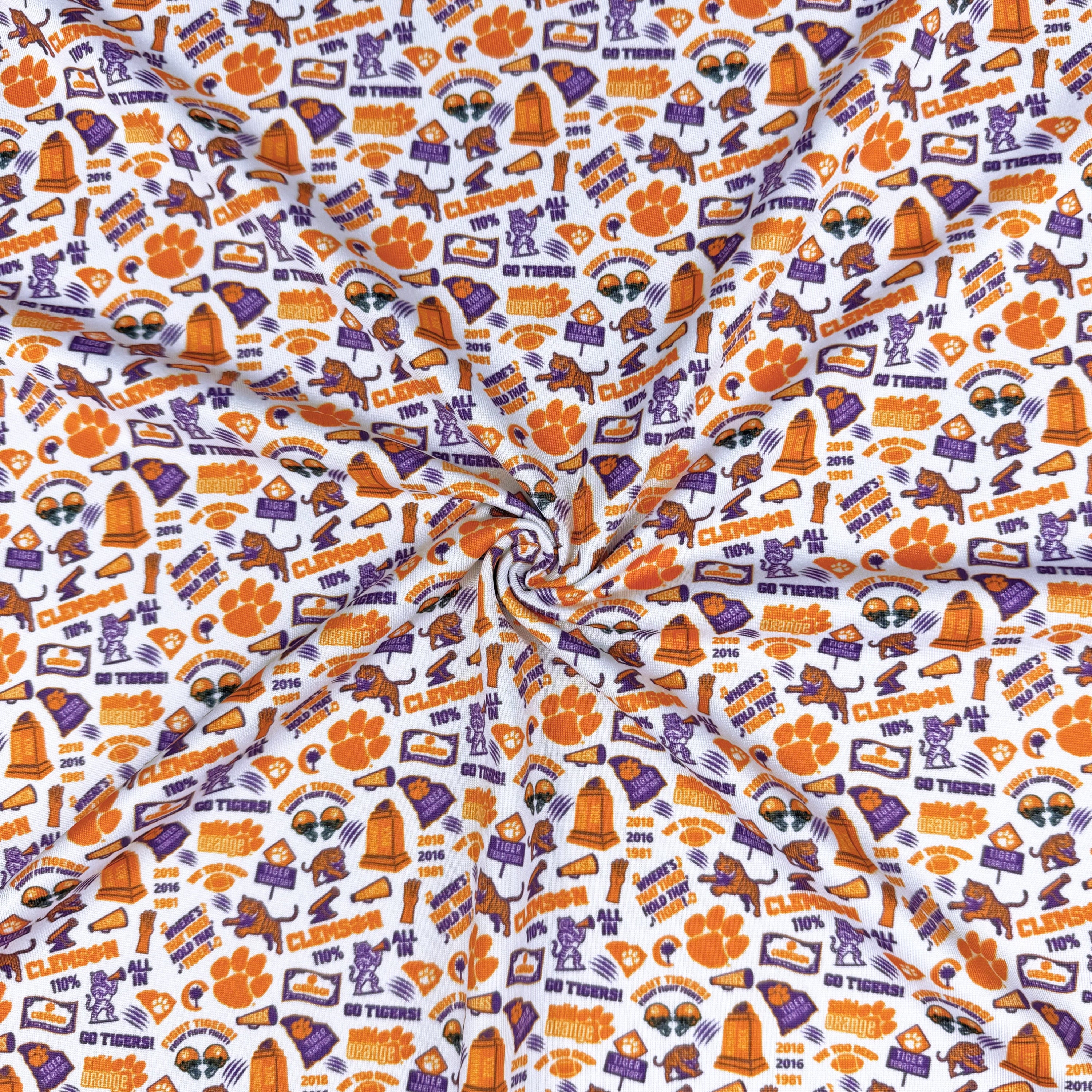 Clemson University-themed fabric with logos and text on a white background