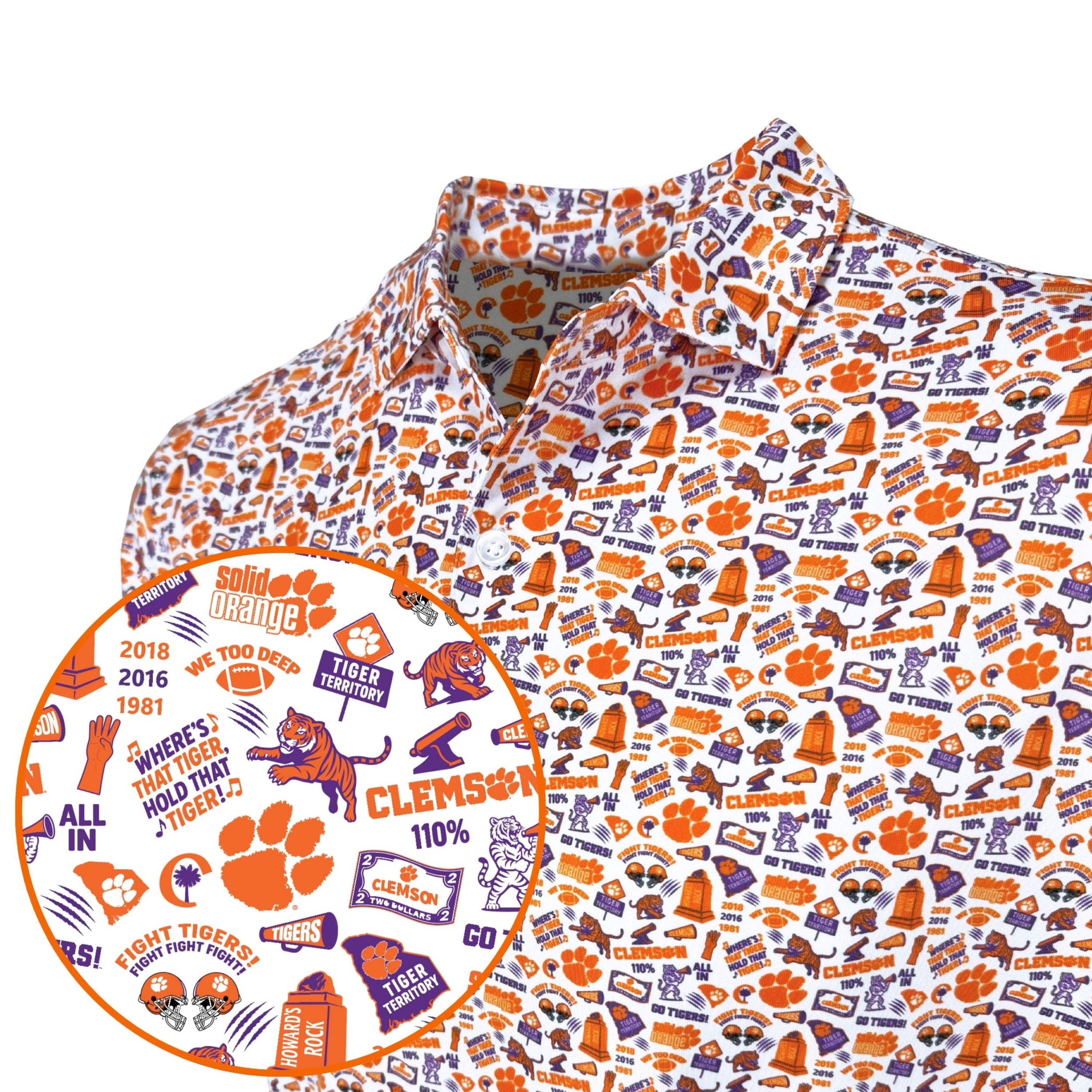 Clemson-themed fabric with various patterns and logos on a white background