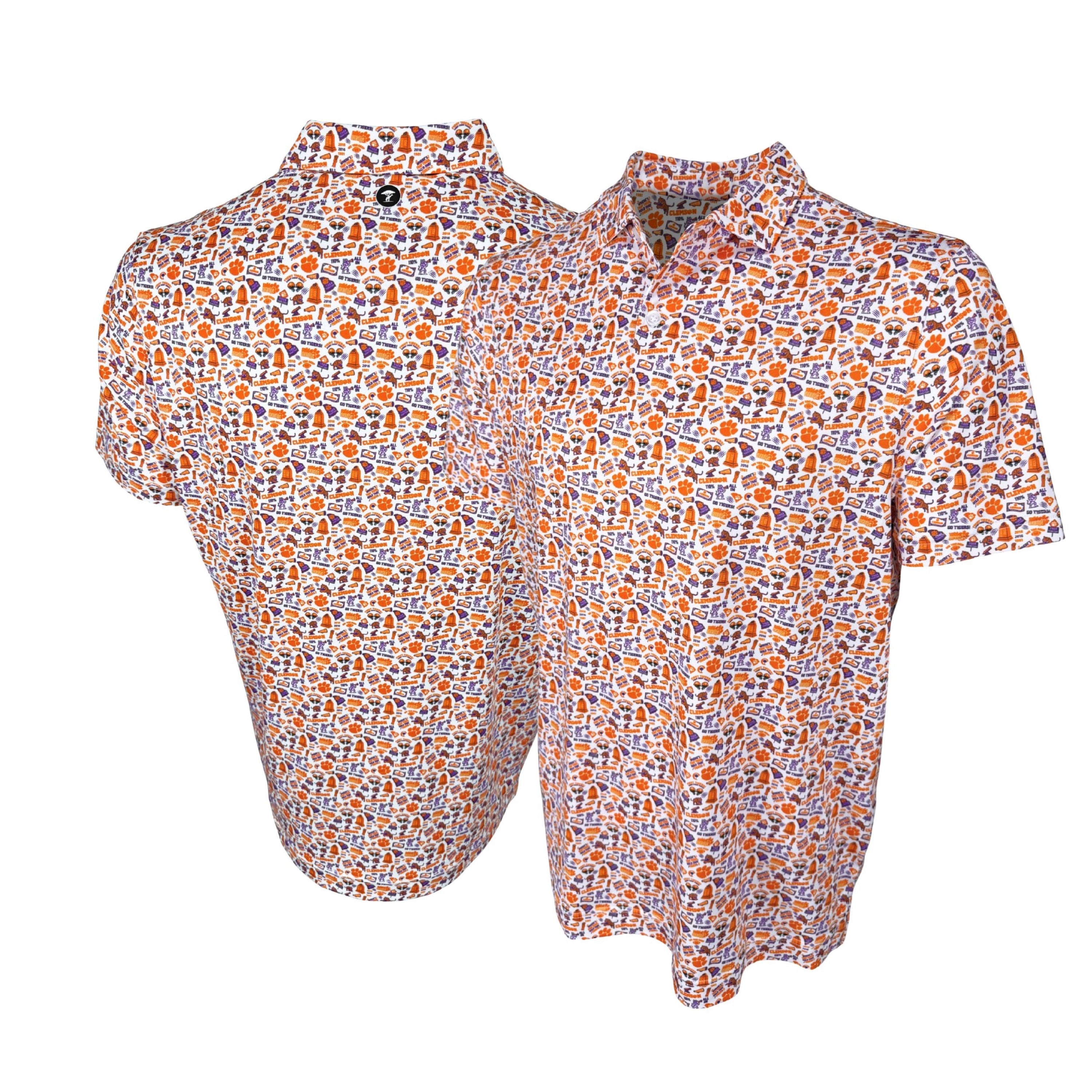Short-sleeve shirt with a colorful geometric pattern on a white background