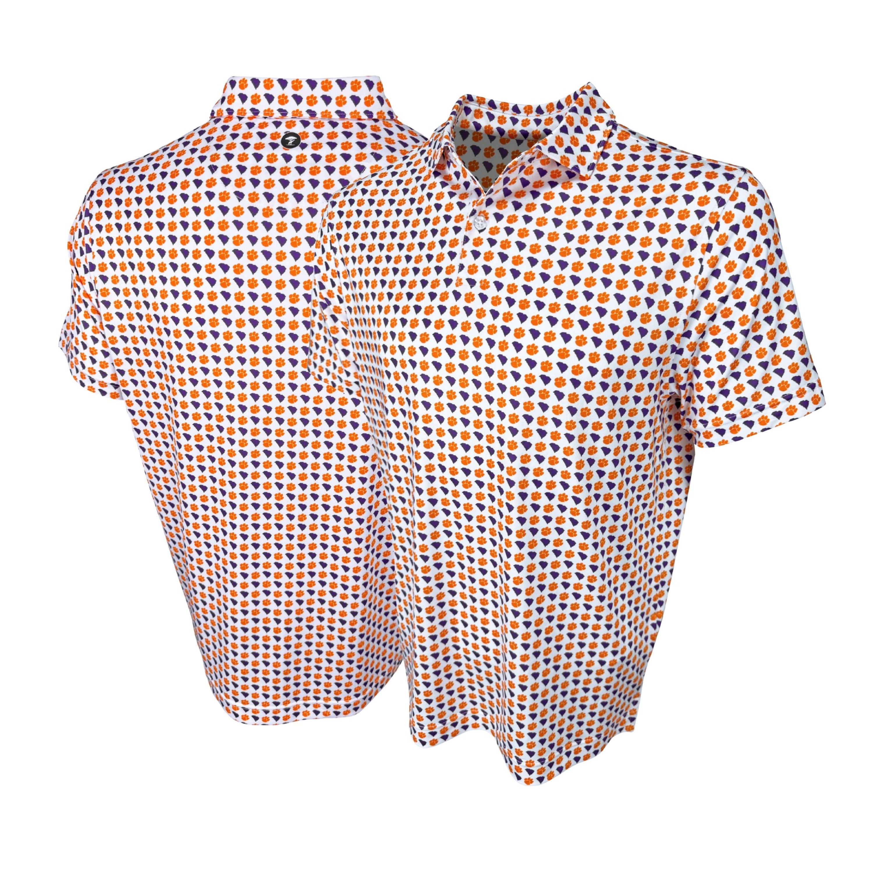 Two short-sleeve shirts with a geometric pattern on a white background
