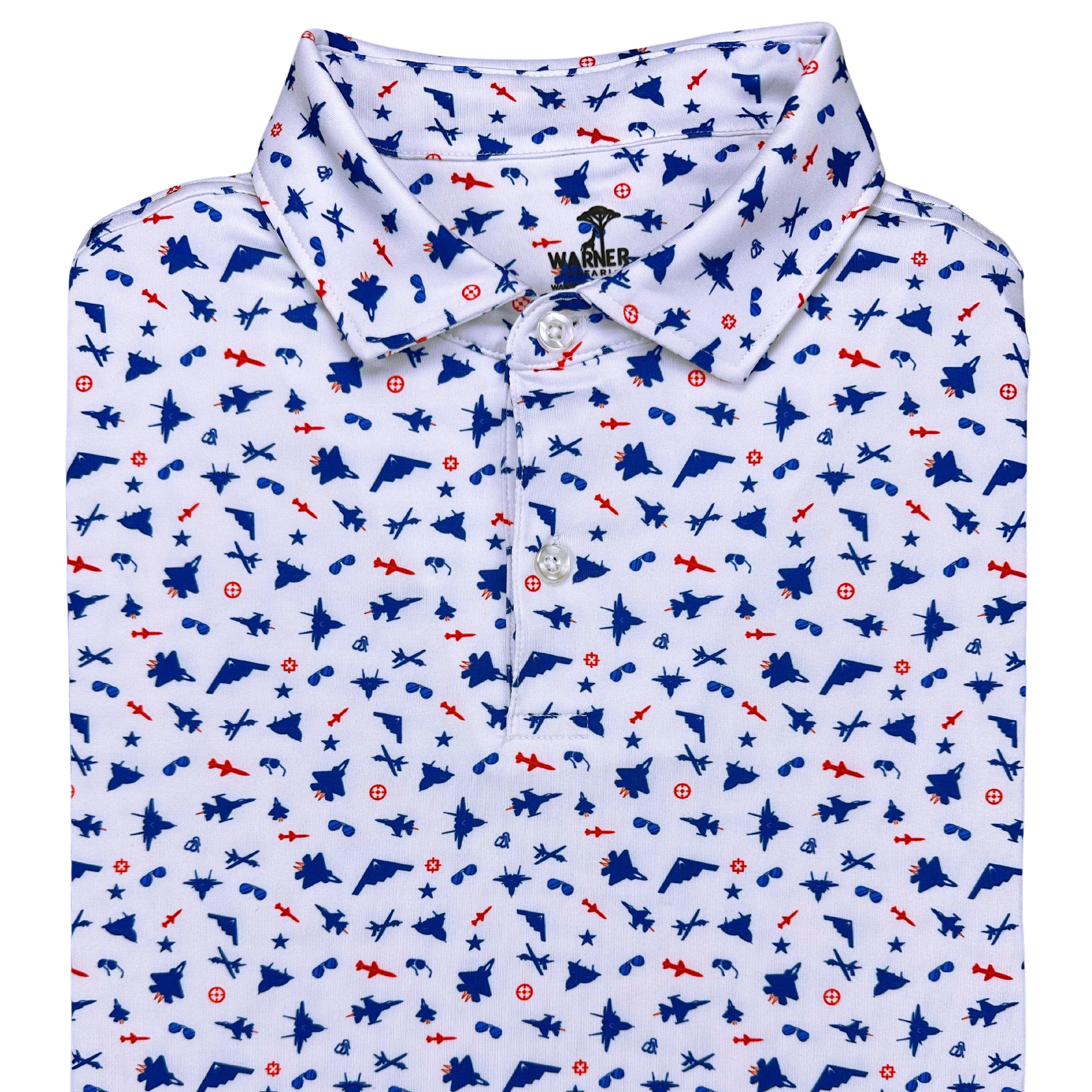 A men's polo shirt with a geometric pattern in red, white, and blue colors, designed for golf and casual wear.
