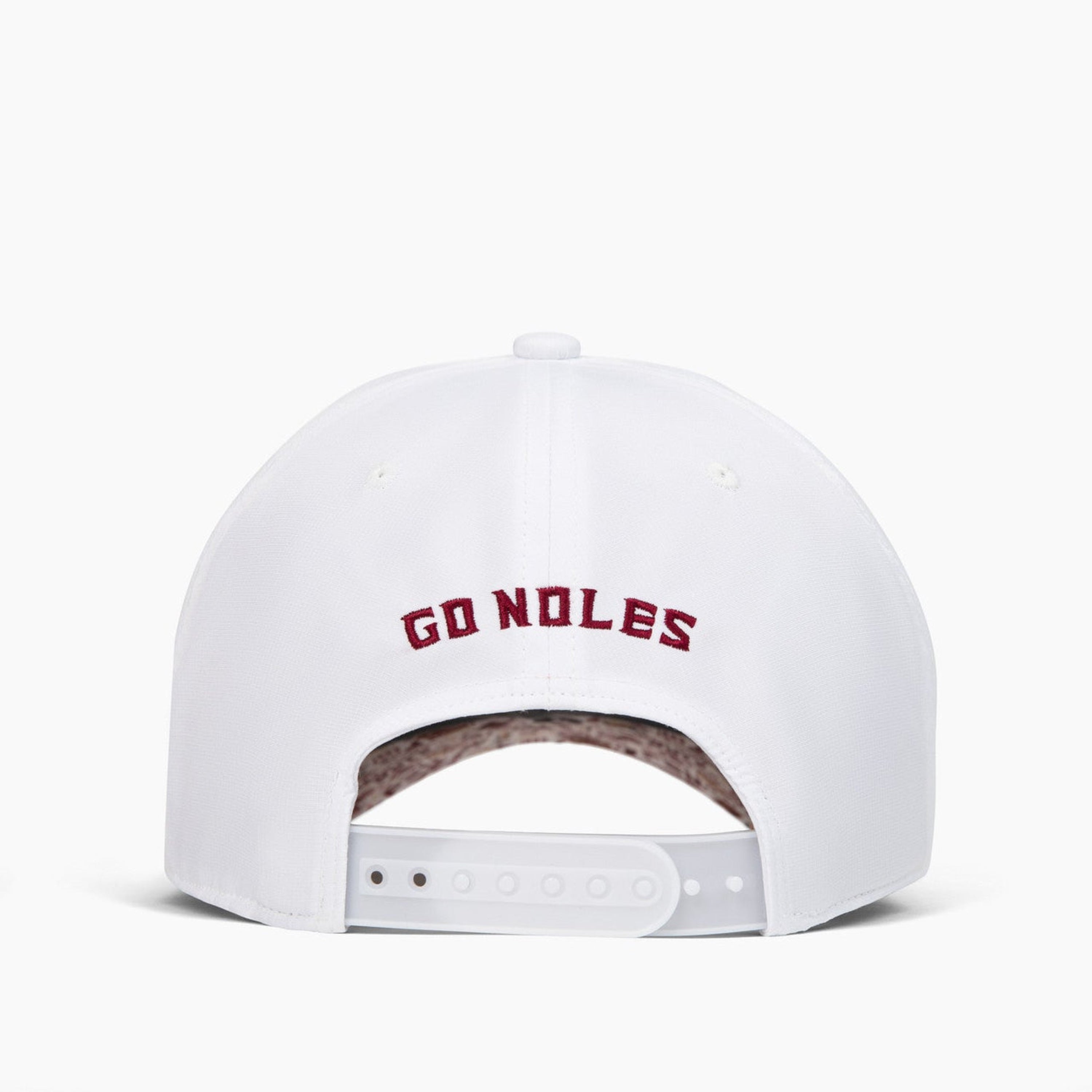 A white structured baseball cap viewed from the back, featuring 'GO NOLES' embroidered in red on the back panel and a brown textured fabric lining visible at the rear opening.