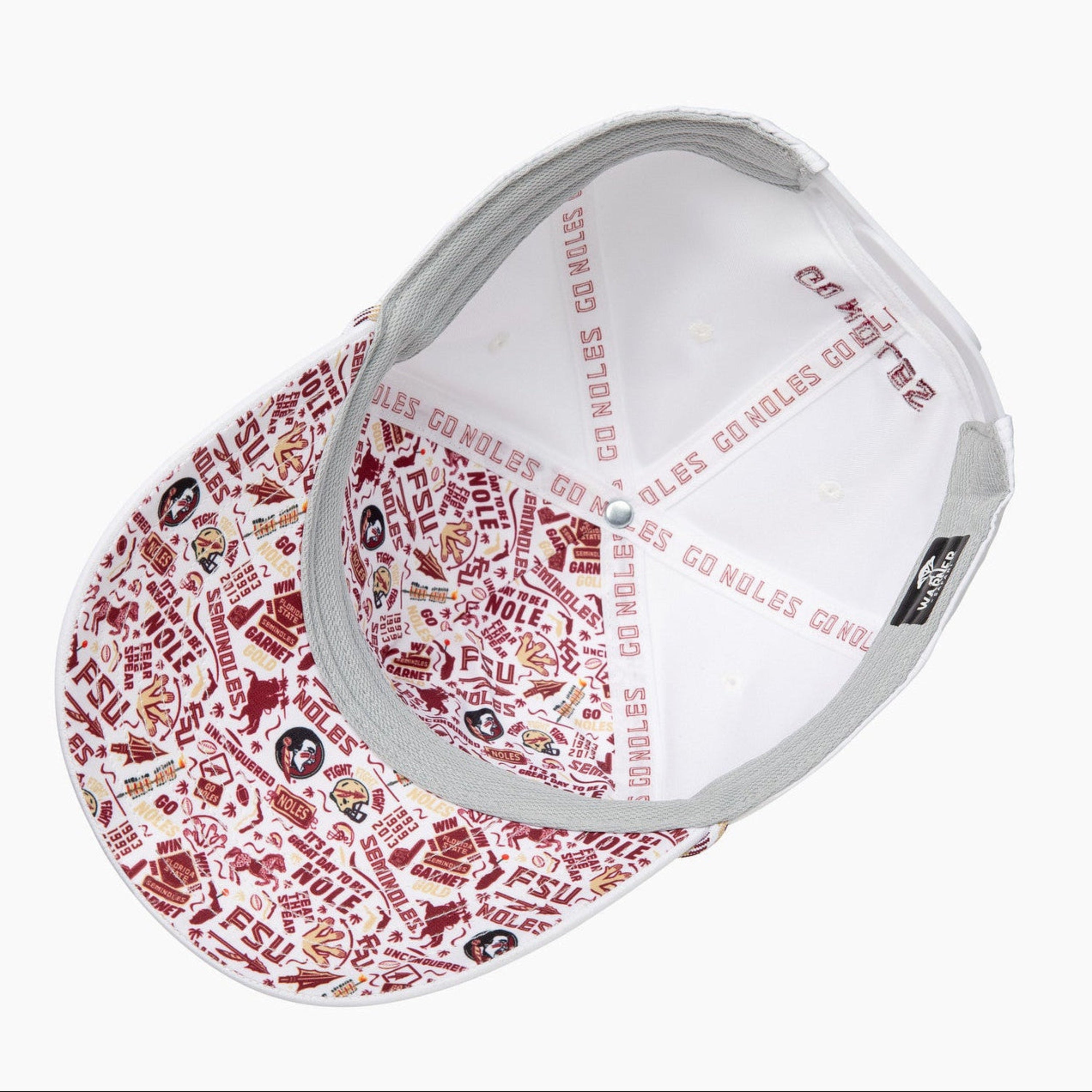 A baseball cap shown from a top-down angle on a plain white background. The cap features a white interior with red text and a red, white, and black patterned exterior.