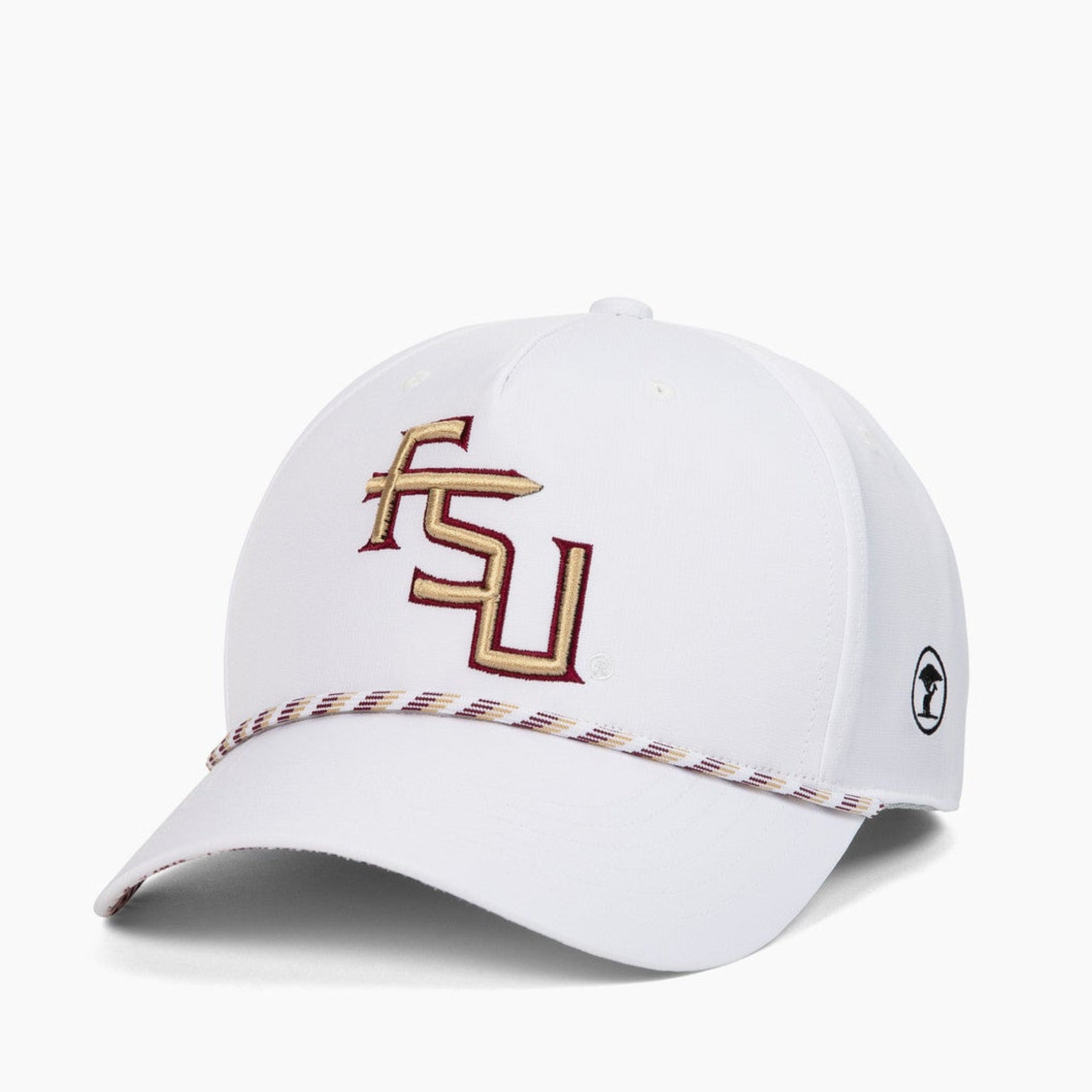 A white baseball cap featuring a gold and red embroidered 'FSU' logo on the front, with decorative red and white contrast stitching along the edge of the brim, set against a plain white background.
