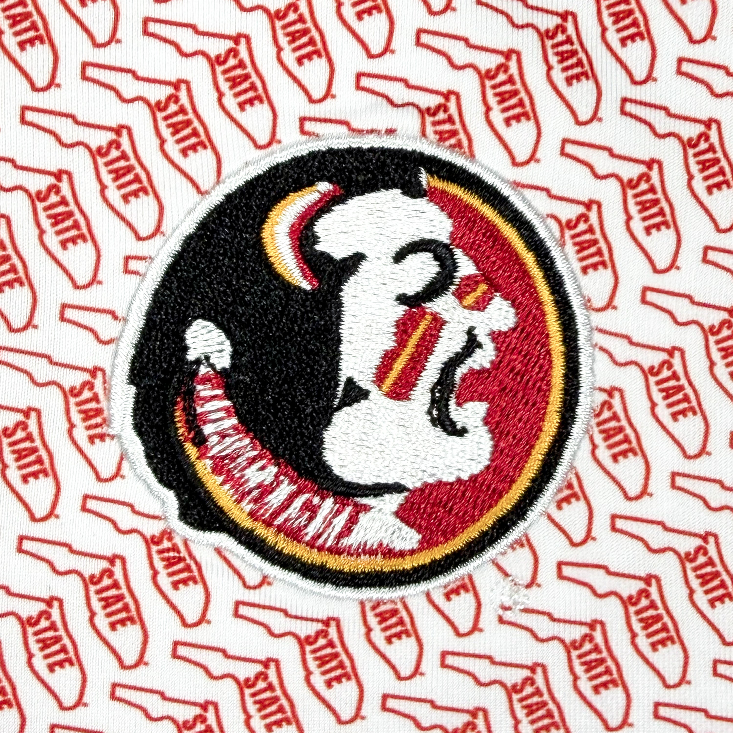 Embroidered patch of a mascot head with 'STATE' pattern in the background