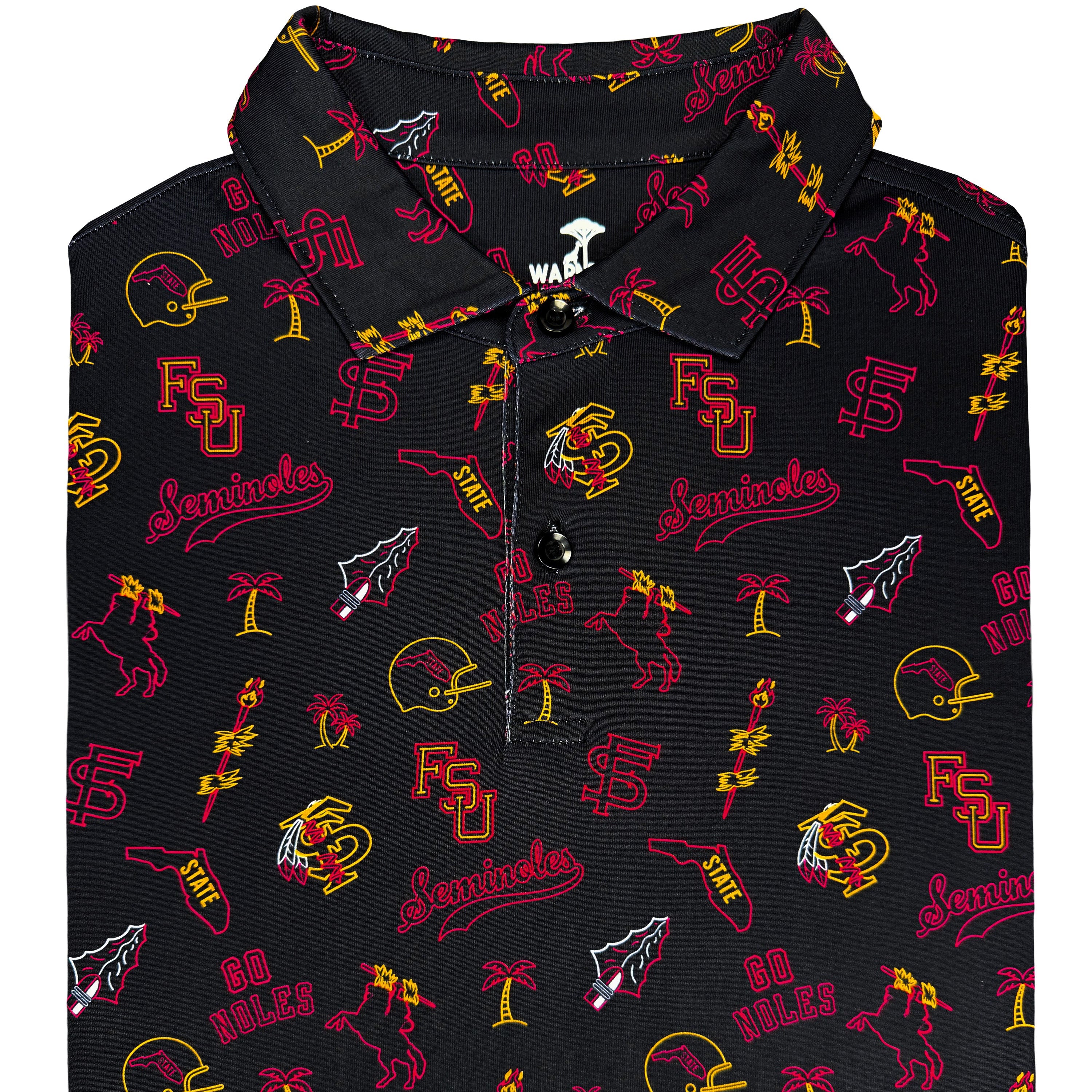 Black polo with colorful Florida State University logos on a white background
