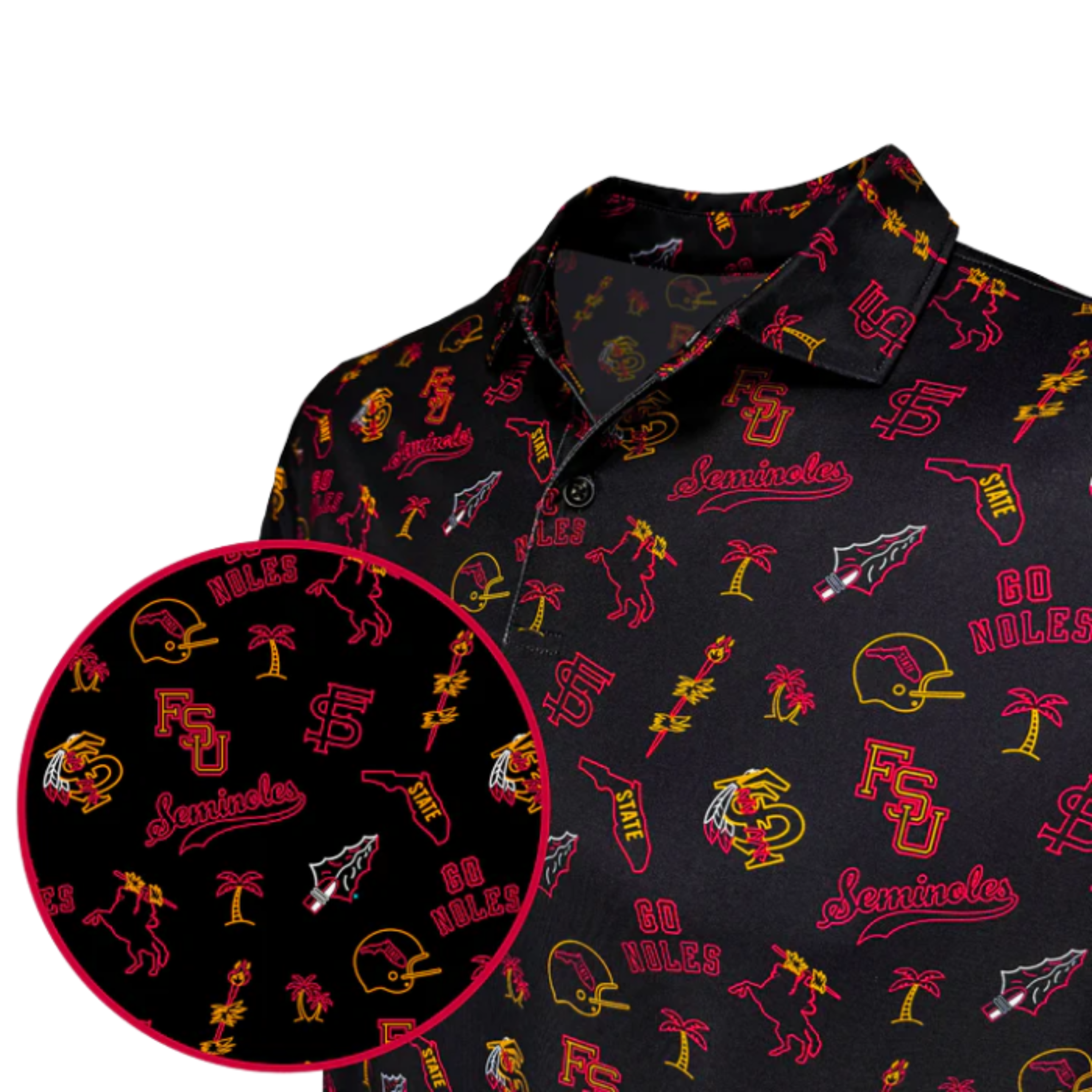 Black shirt with colorful FSU logo pattern on a white background