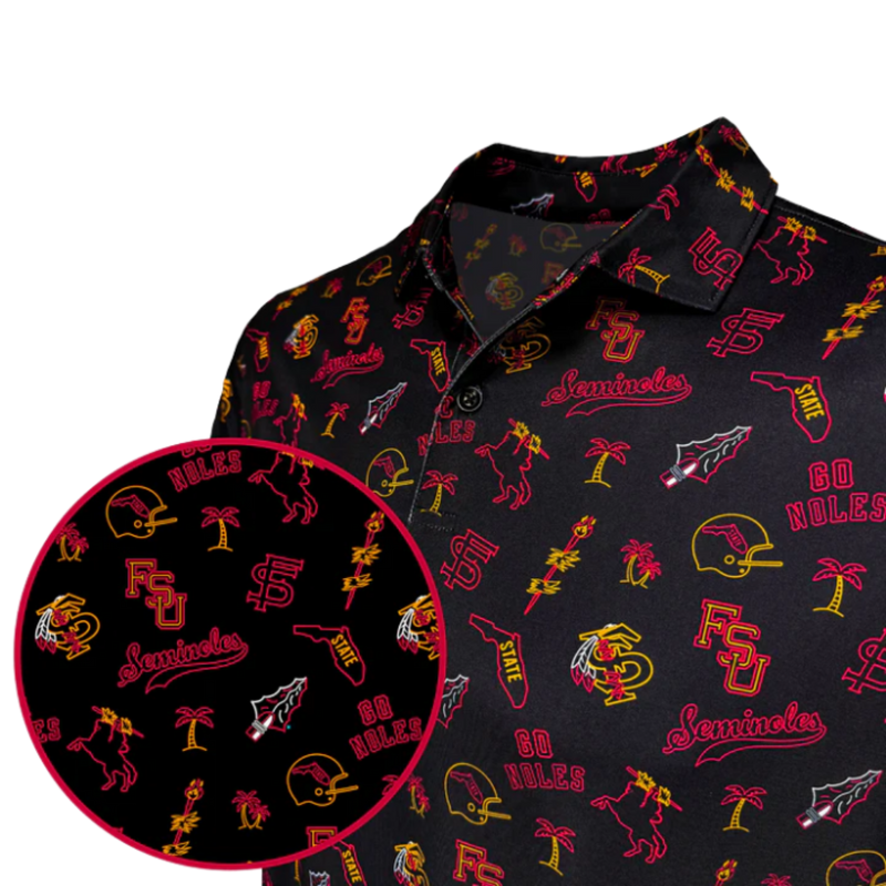 Black shirt with colorful FSU logo pattern on a white background