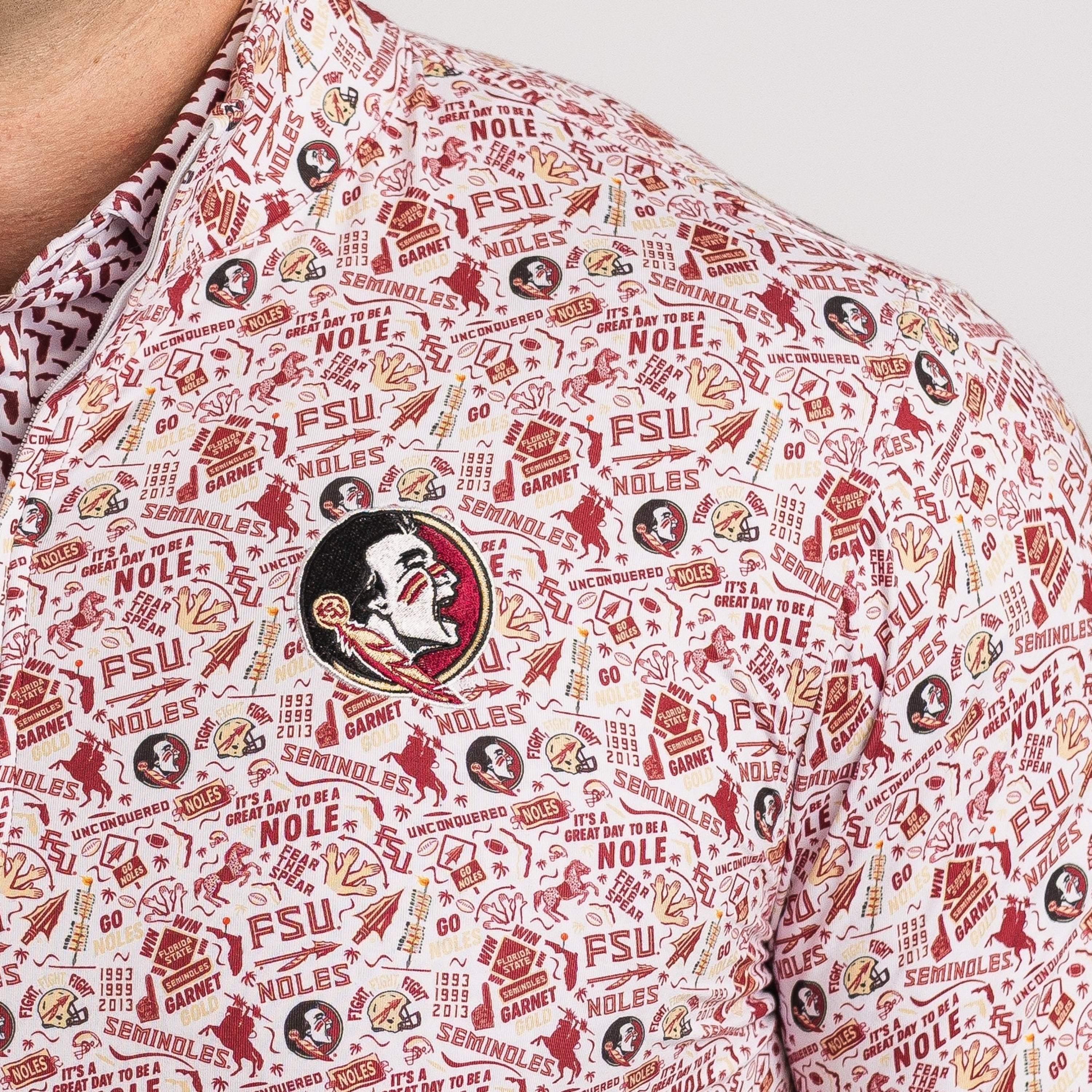 Close-up of a patterned shirt with various logos and text, featuring a prominent logo in the center.